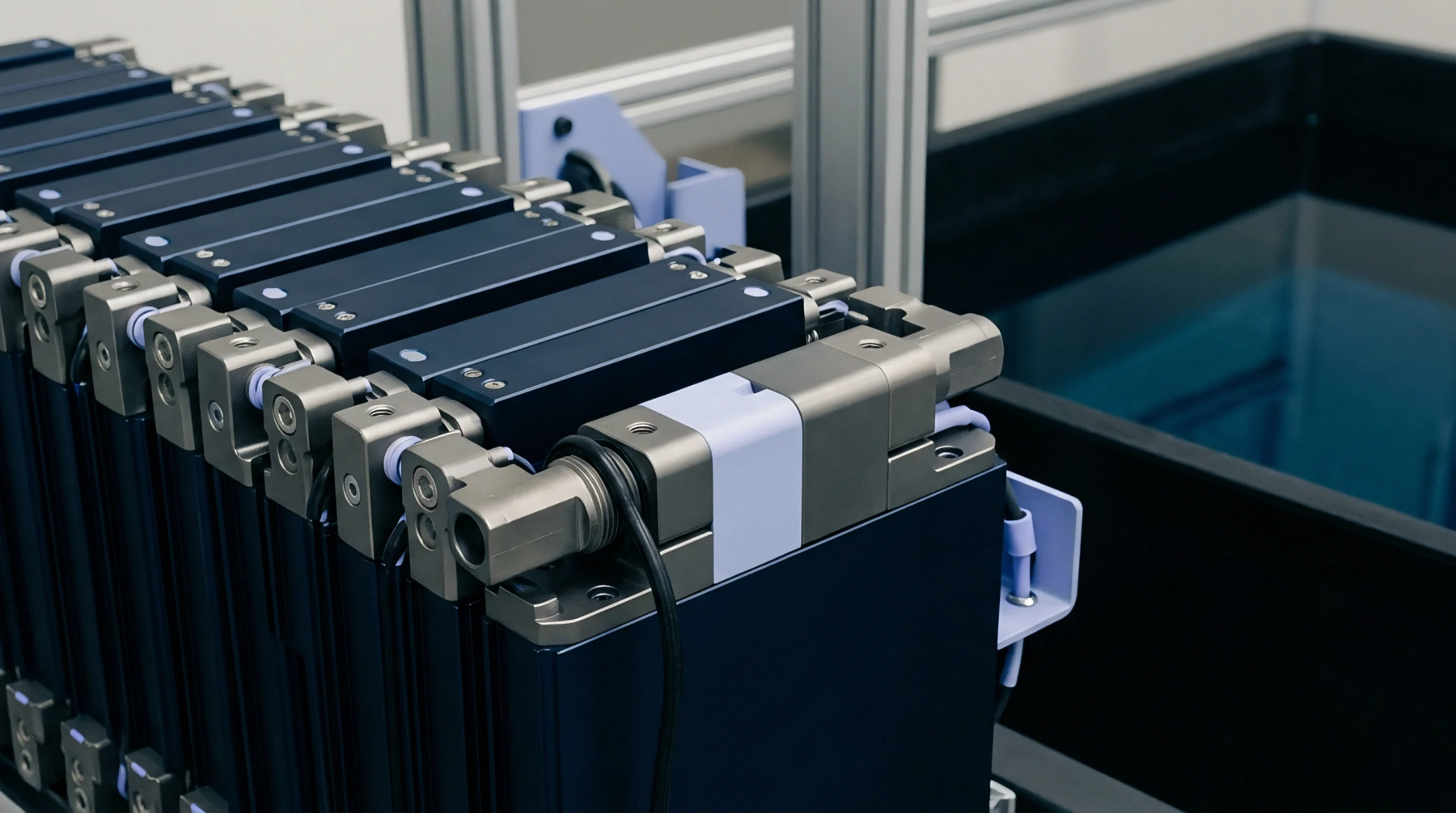 A linear array of dark blue automated actuator modules with metallic connectors is positioned next to an industrial tank containing blue fluid.