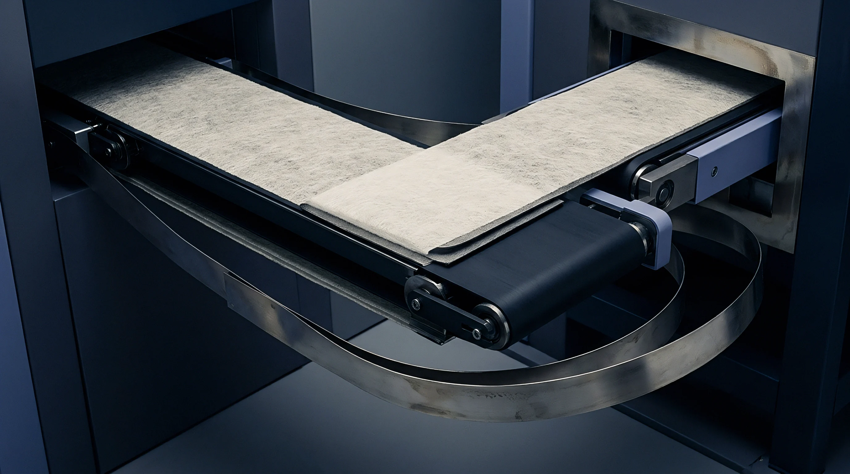 Two perpendicular conveyor belts transport continuous fibrous separator material across a directional transition point inside an automated manufacturing assembly enclosure.