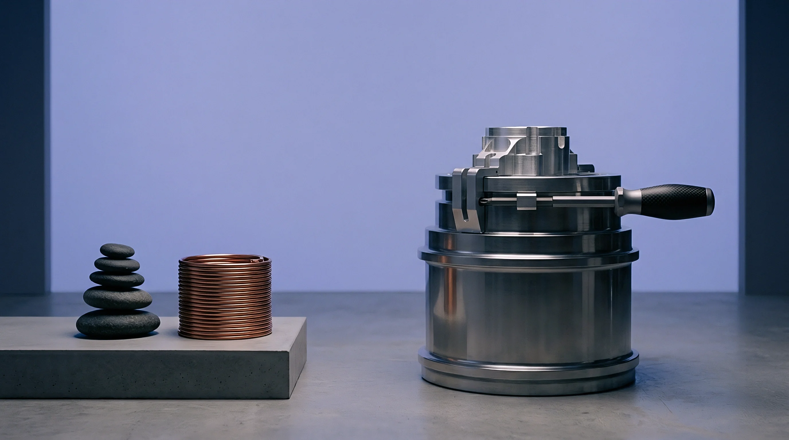A metallic battery assembly fixture stands next to a copper winding and a stone stack on a concrete surface.