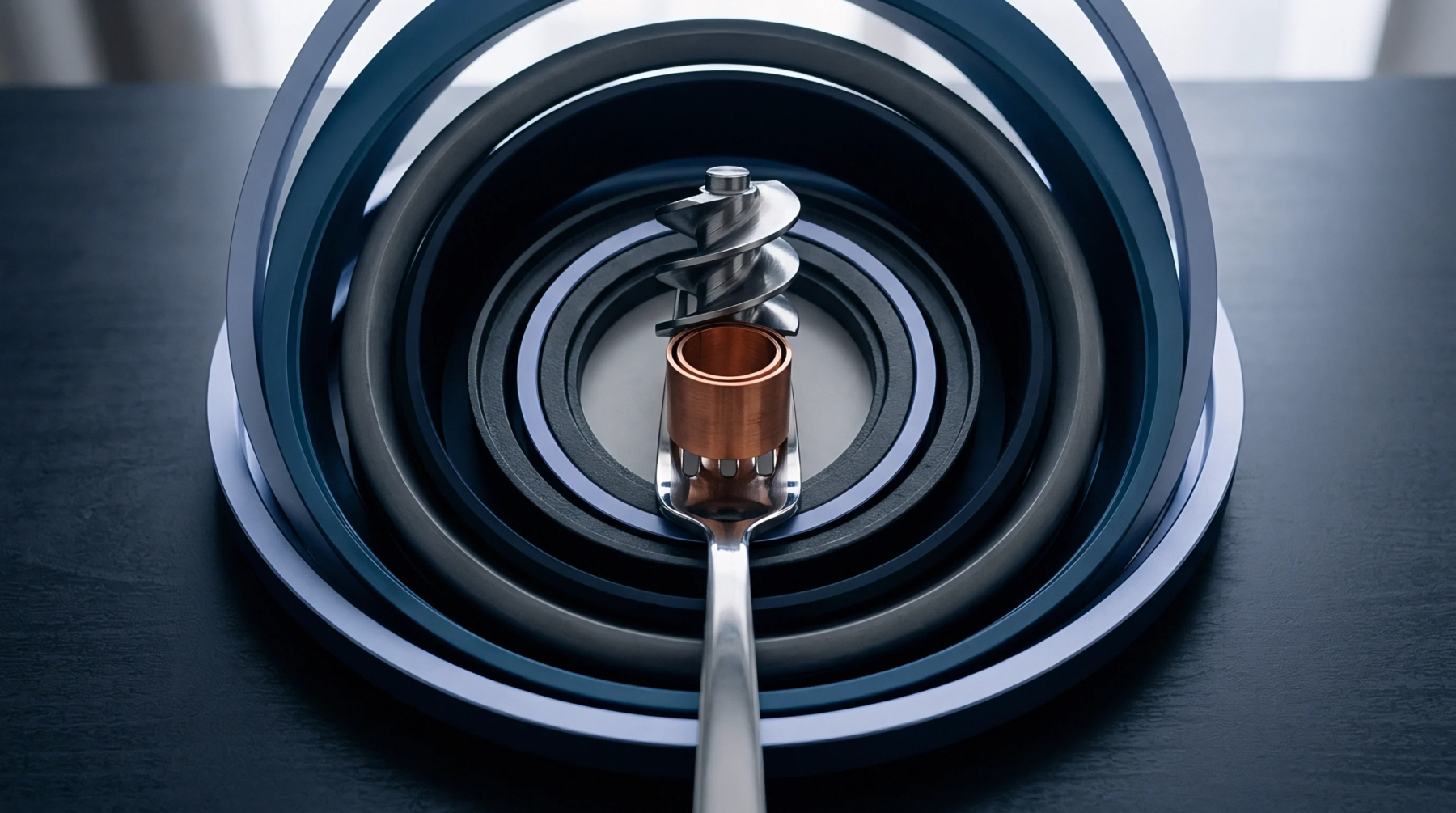 Metal mechanical elements including concentric gaskets and a spiral feed screw rest on a dark industrial surface alongside a polished fork.