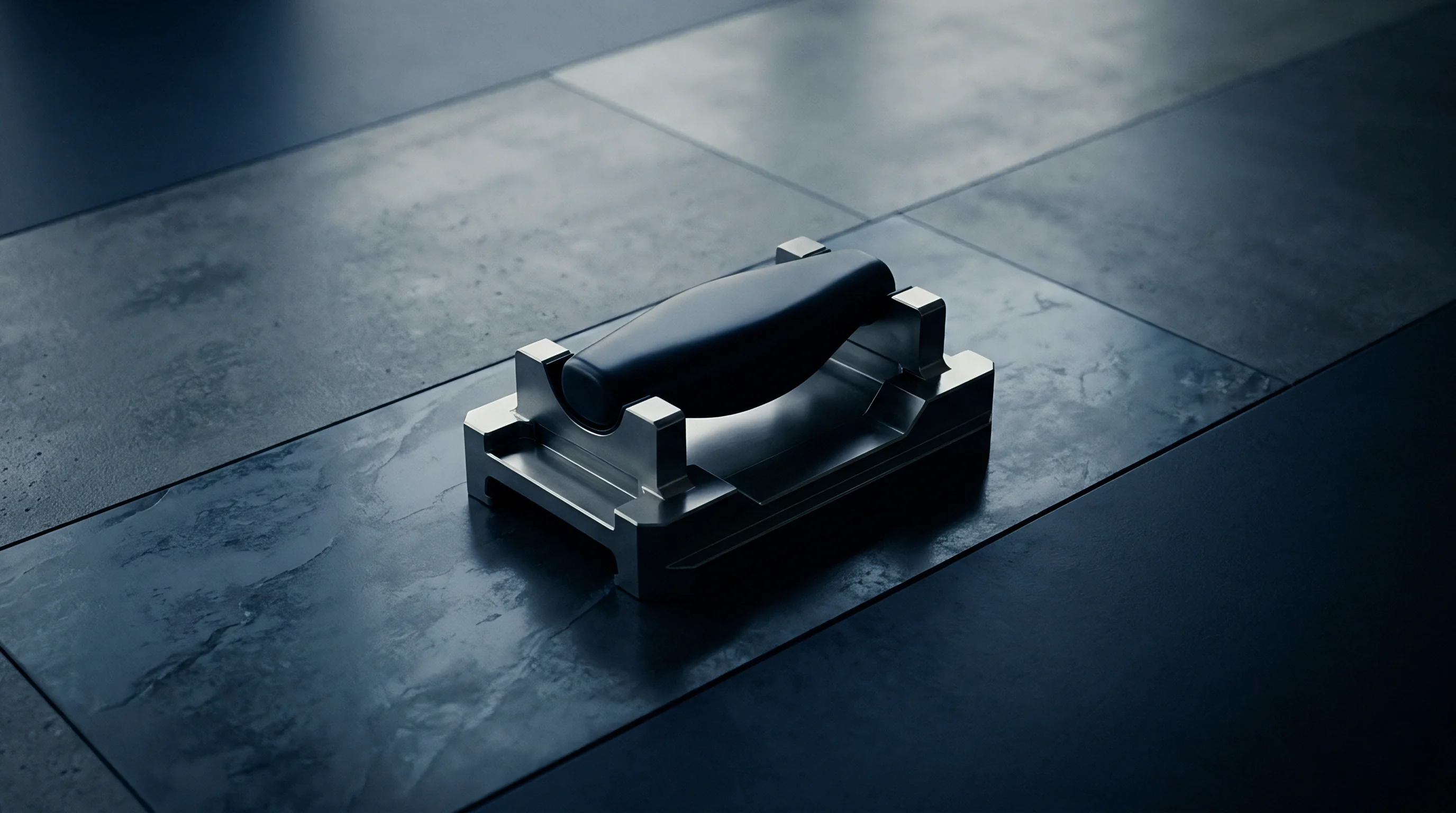 An industrial cell assembly fixture featuring metallic machining components and a dark handle rests upon dark textured flooring.