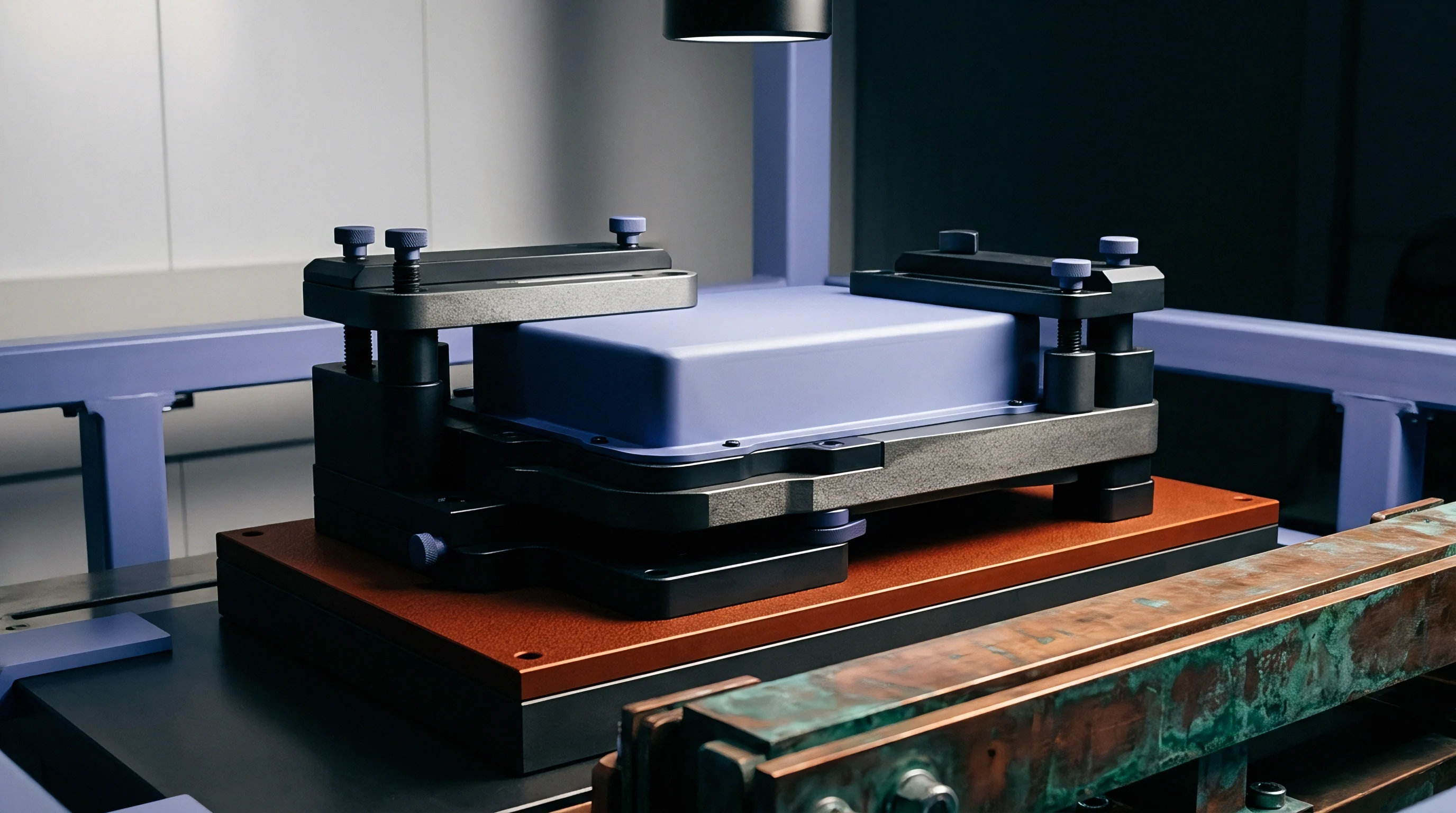 A blue prismatic battery module inside a precision steel workholding fixture rests upon an industrial testing platform.