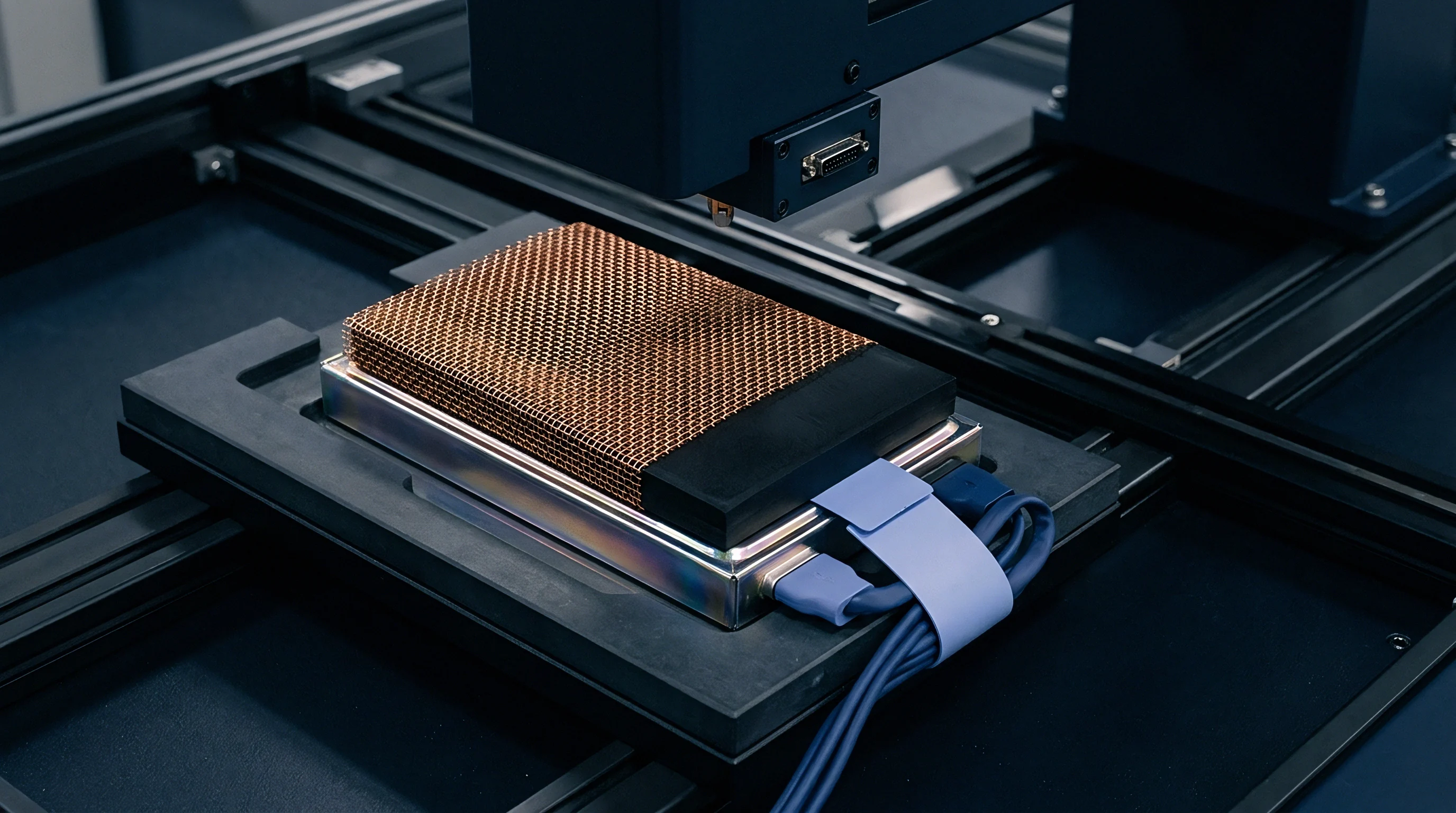 An industrial manufacturing machine secures a prismatic battery cell fitted with a copper mesh heat exchanger and wiring harness.