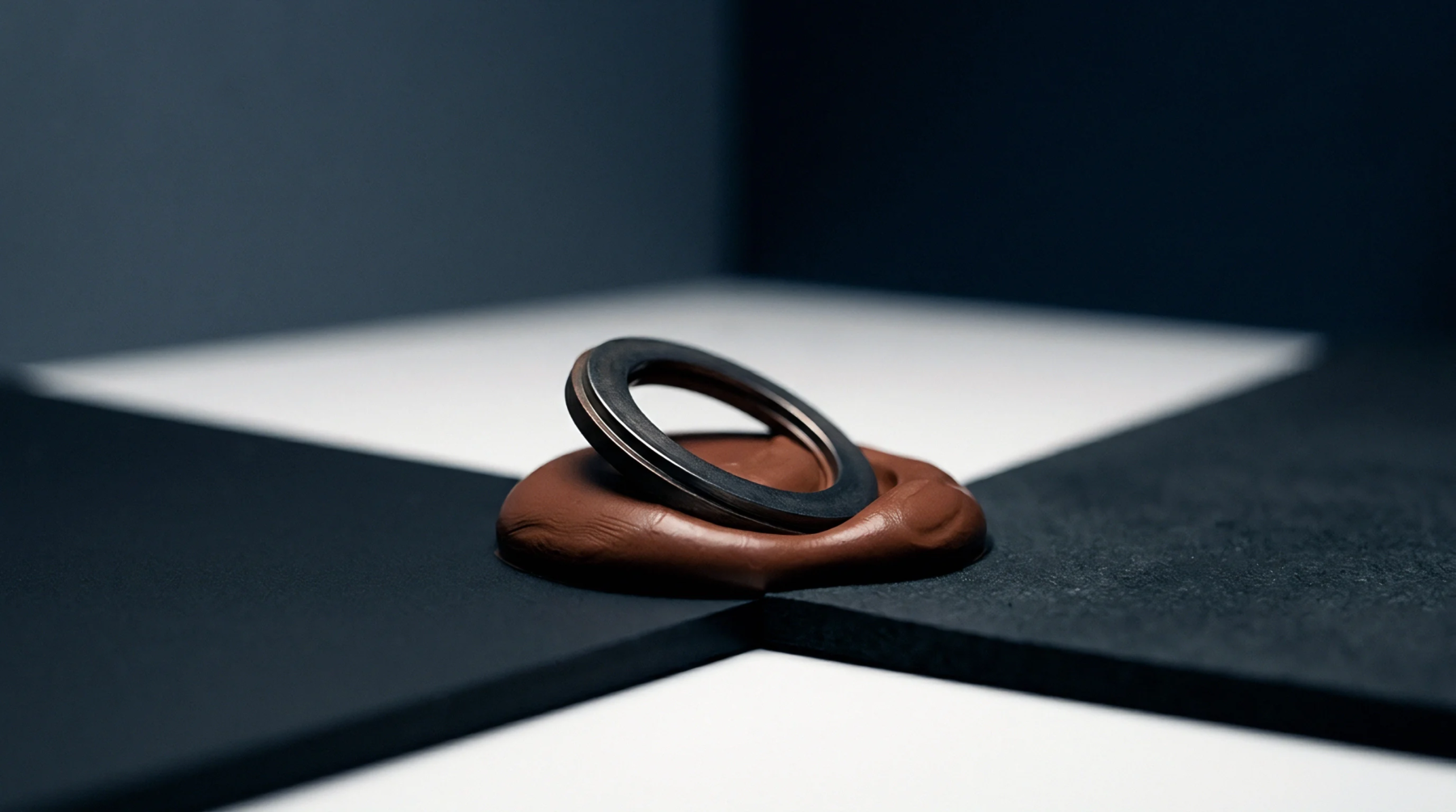 A cylindrical elastomer sealing ring rests on brown thermal interface putty bridging contrasting modular panels within a manufacturing assessment lab.