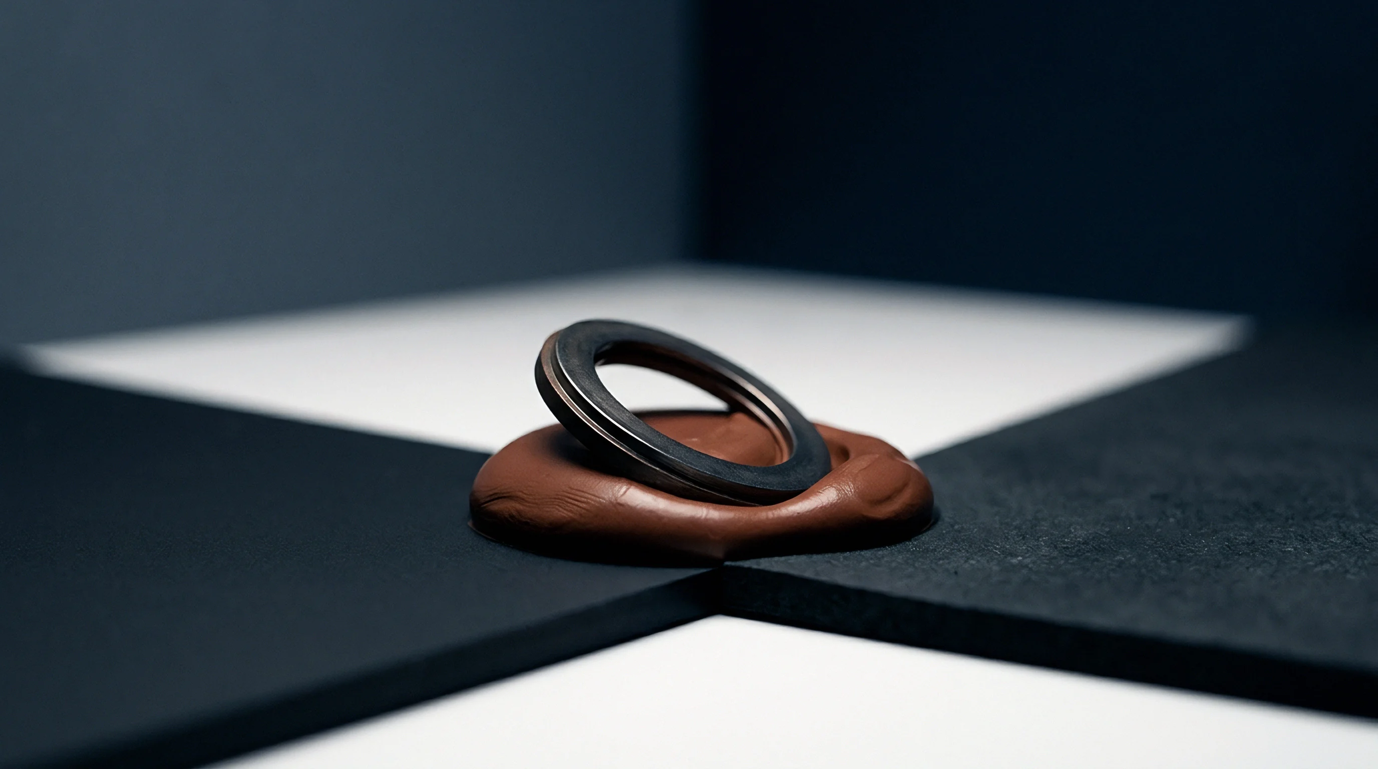A cylindrical elastomer sealing ring rests on brown thermal interface putty bridging contrasting modular panels within a manufacturing assessment lab.