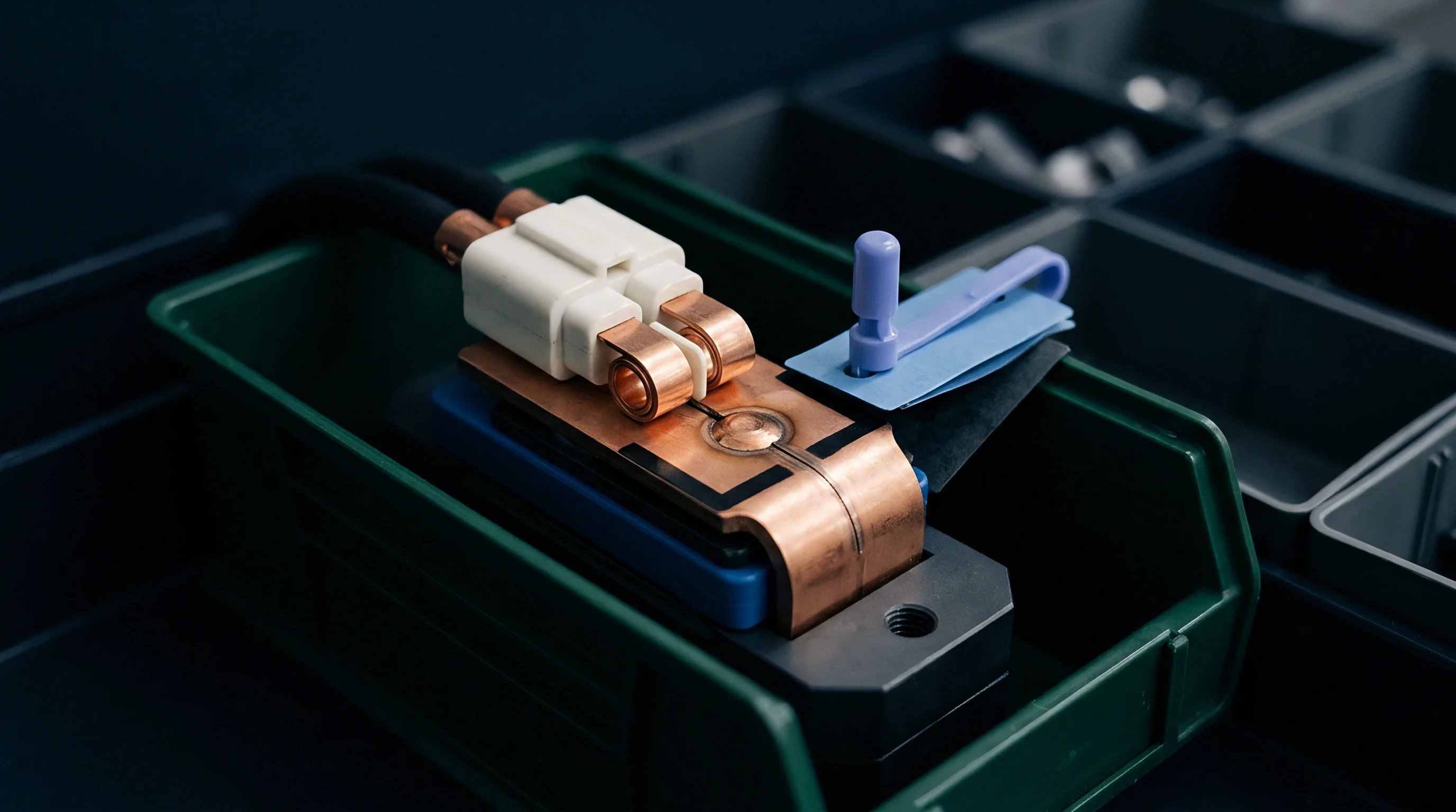 A white high current electrical connector with bent copper busbars is secured on a blue fixture within a green assembly bin.