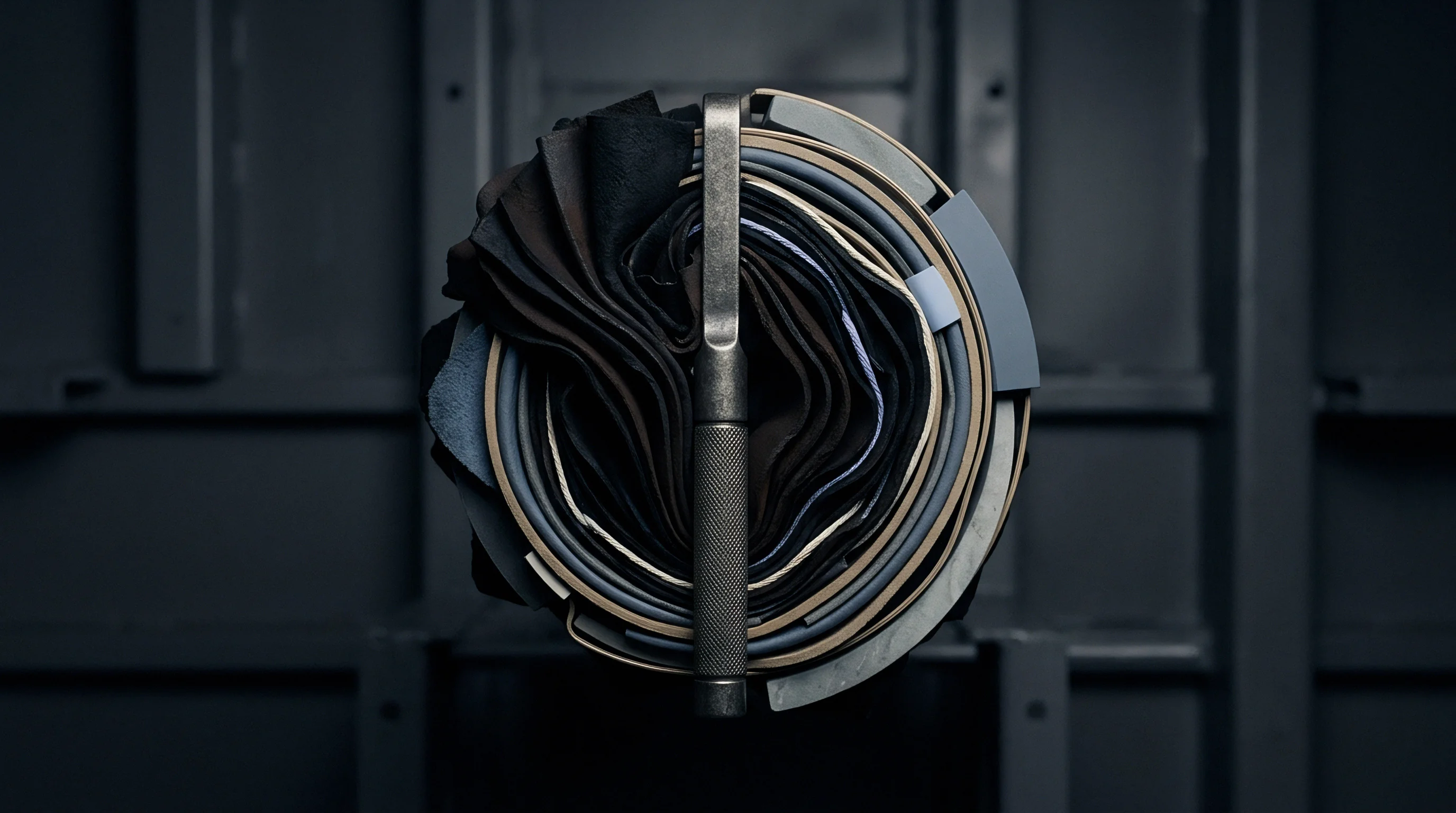 Layered battery electrode foils and separator films form a tight cylindrical roll clamped by a steel mandrel inside an industrial assembly facility.