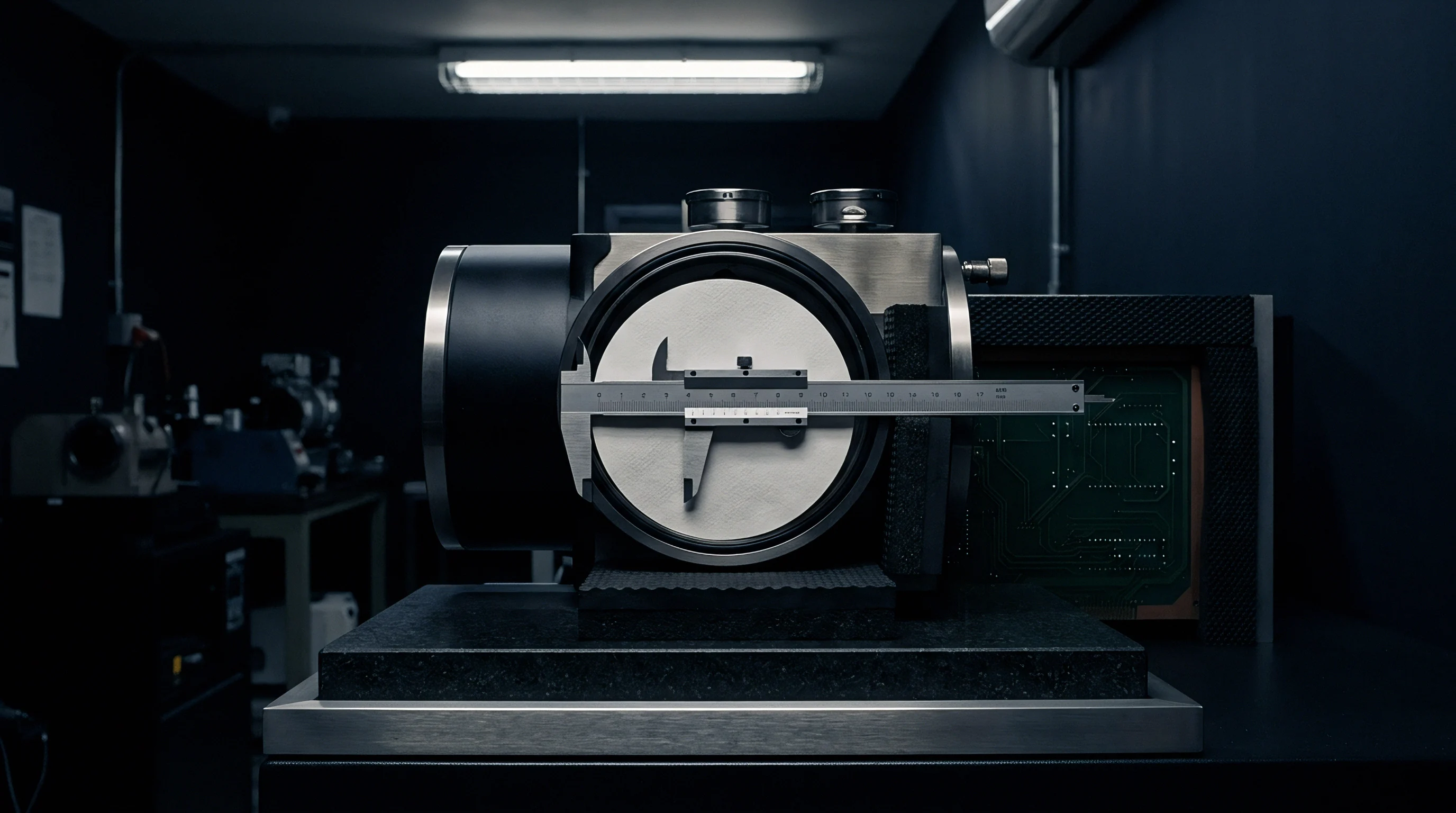A stainless steel caliper measures a cylindrical battery component mounted on a heavy granite surface plate inside a testing laboratory.