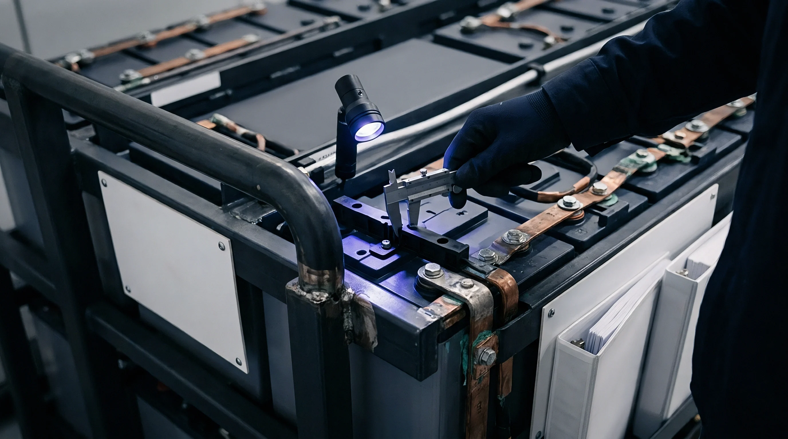 A gloved technician uses a manual caliper to measure component tolerances on a heavy industrial energy storage battery rack.