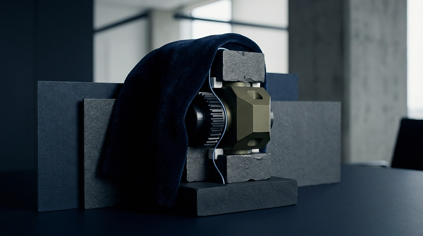 A precision gear module rests between stone blocks alongside a draped velvet textile inside a modern minimalist industrial workspace.