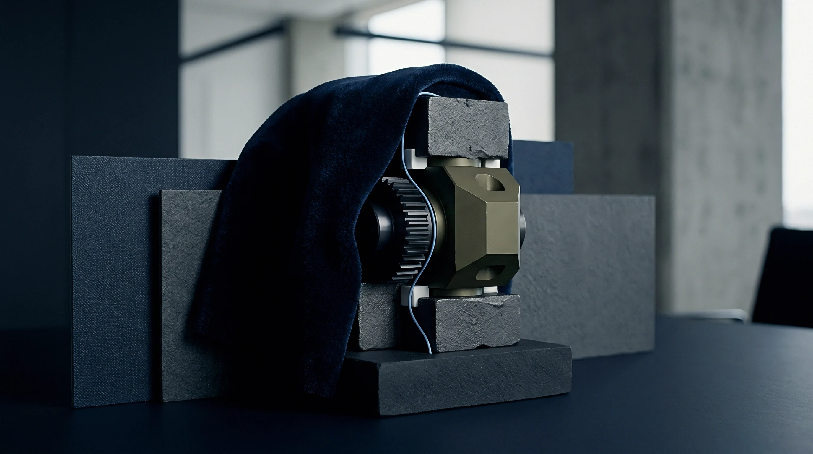 A precision gear module rests between stone blocks alongside a draped velvet textile inside a modern minimalist industrial workspace.