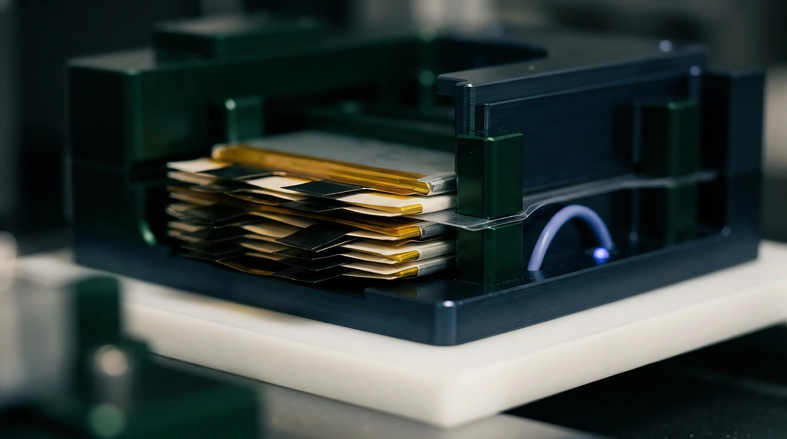 Pouch cell components rest within a modular assembly fixture on a workbench during battery production operations.