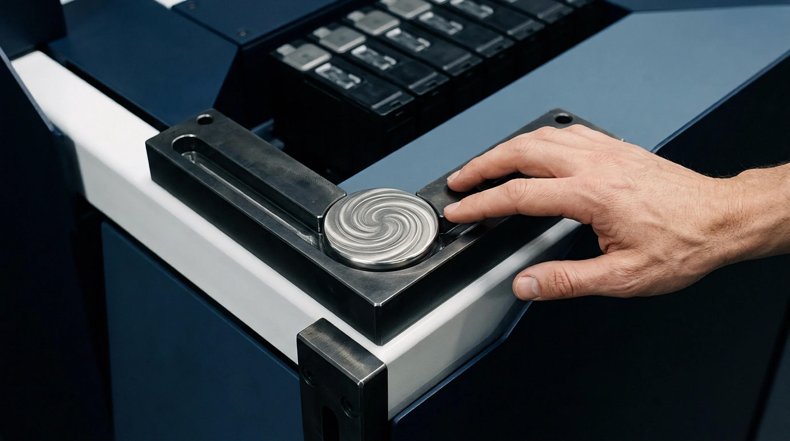 A human hand contacts a machined metal interface plate with a concentric spiral pattern mounted on an industrial battery production machine.