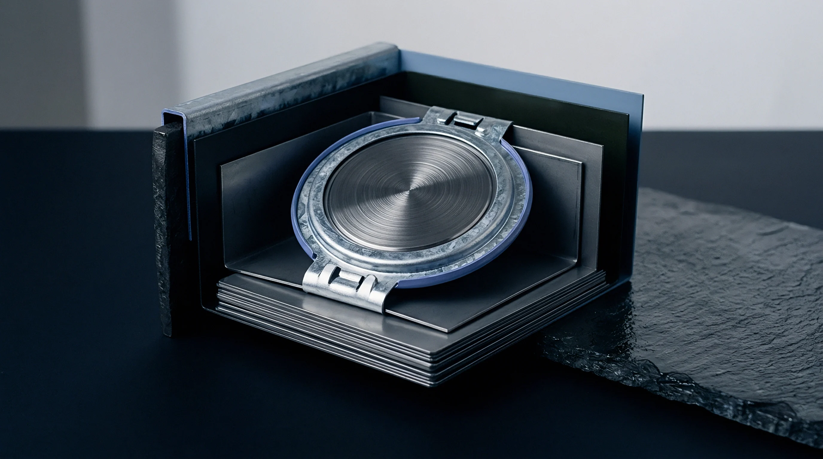 A digital render features metal electrode sheets and a circular cell cap positioned inside stacked protective casing modules.