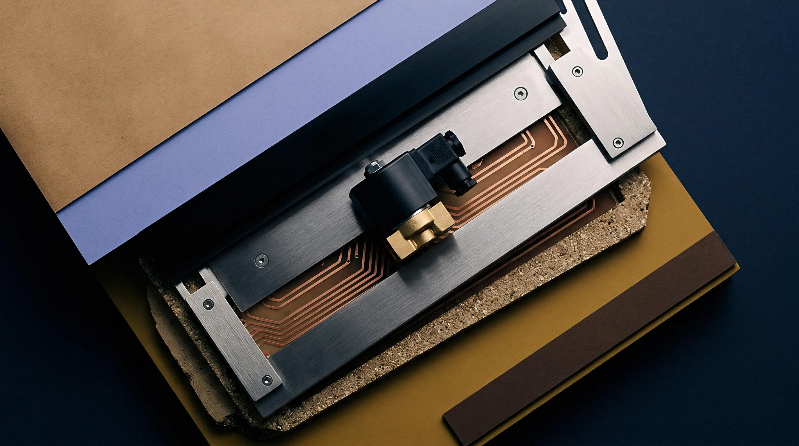 An industrial assembly features a solenoid valve mounted on metal plates above copper conductive traces and a porous insulating substrate.