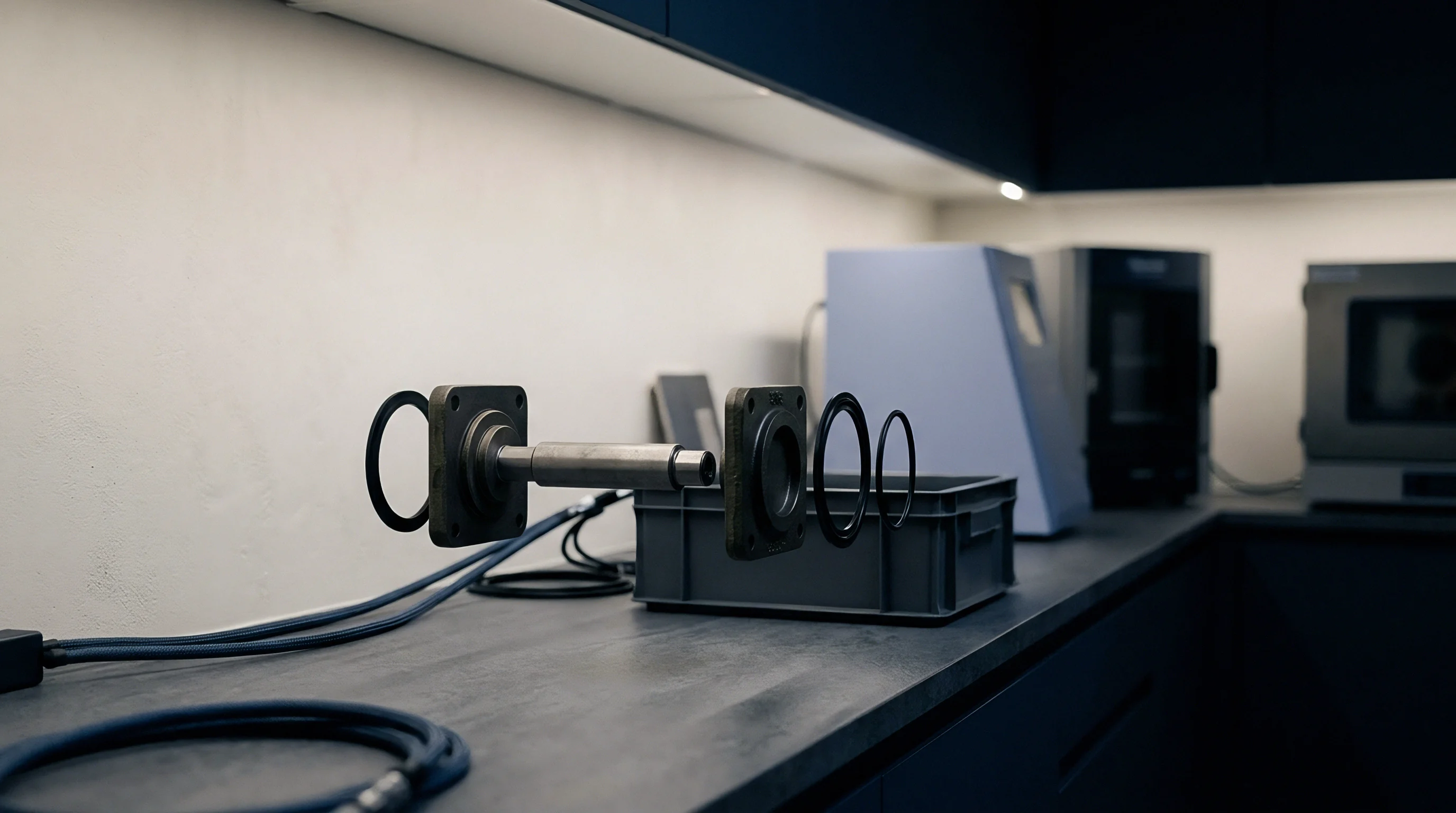 Steel shaft and square metal flanges rest on a dark workbench alongside black rubber gaskets during the preparation phase of precision component assembly.