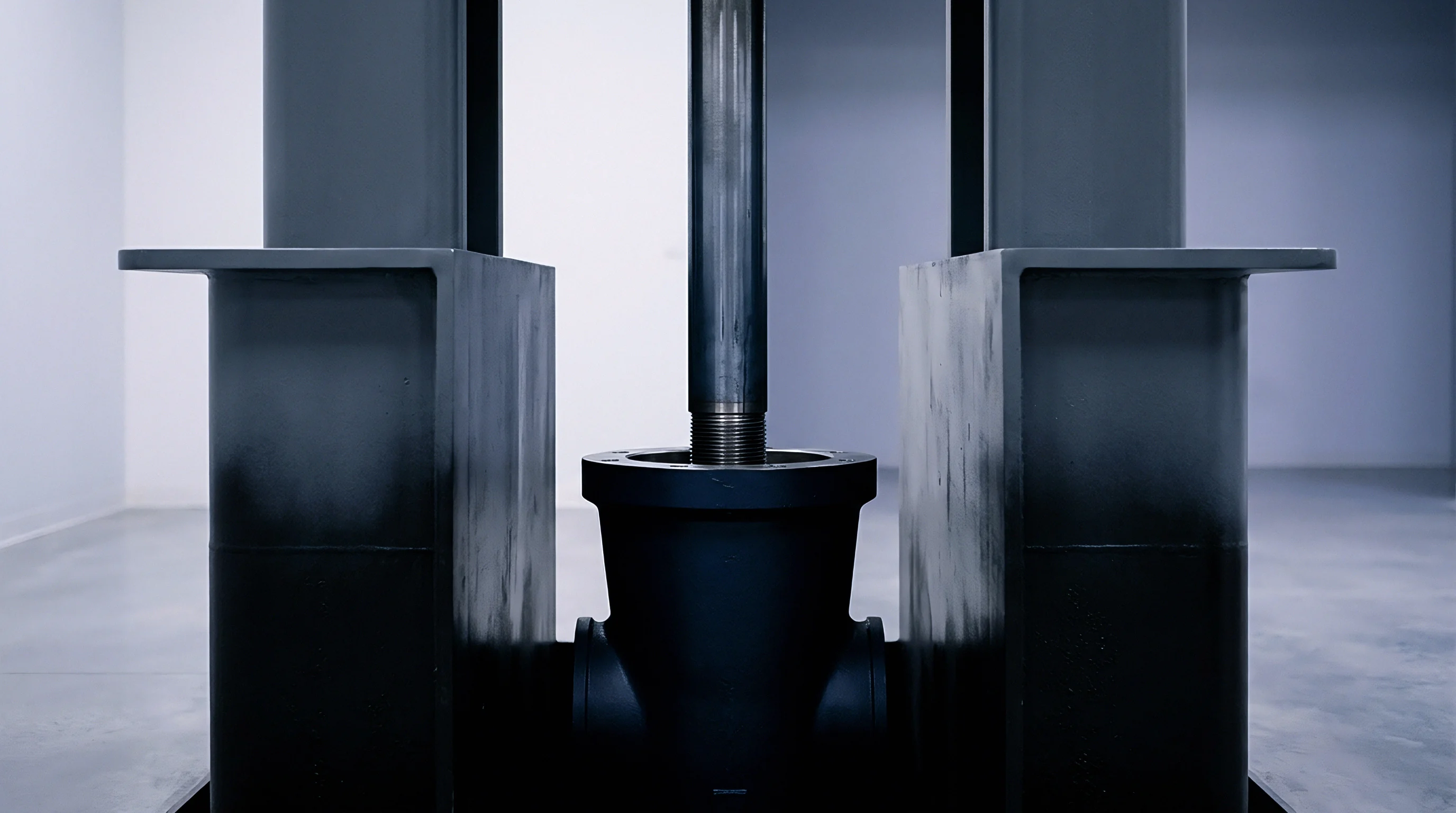 A vertical metal actuator with threaded ends descends into a black cylindrical casing situated between two thick industrial support columns.