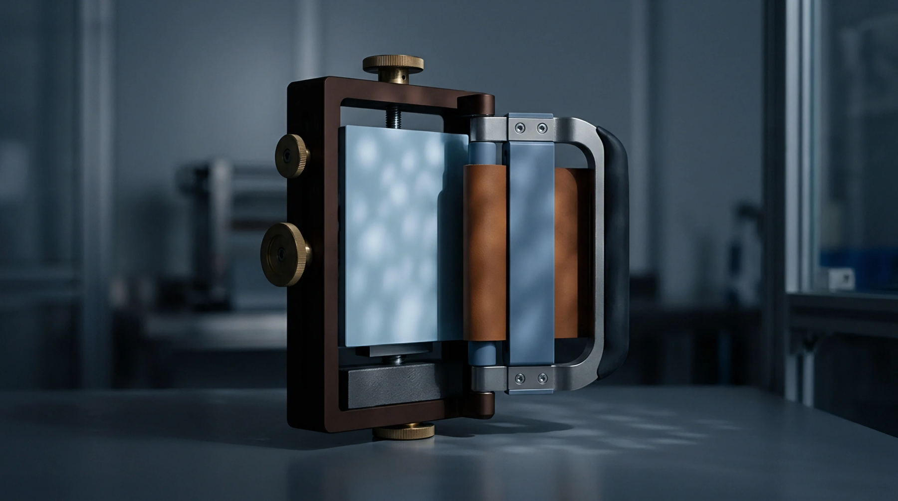 A digital render shows a precision laboratory roll press apparatus positioned on a metal workbench inside a battery development facility.