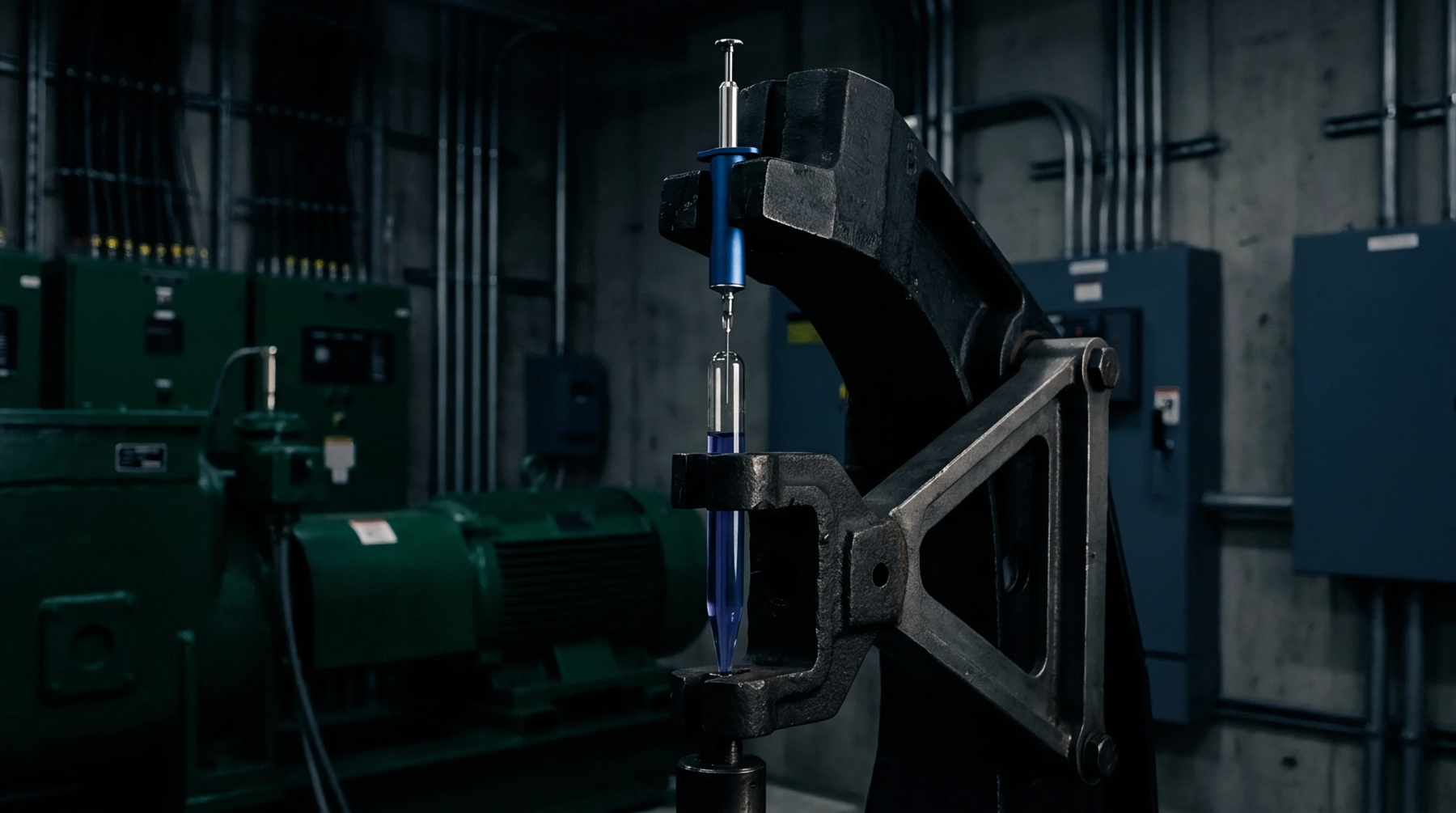 A digital rendering displays a blue syringe mounted in a heavy black industrial bracket dispensing a fluid sample into a glass vial.