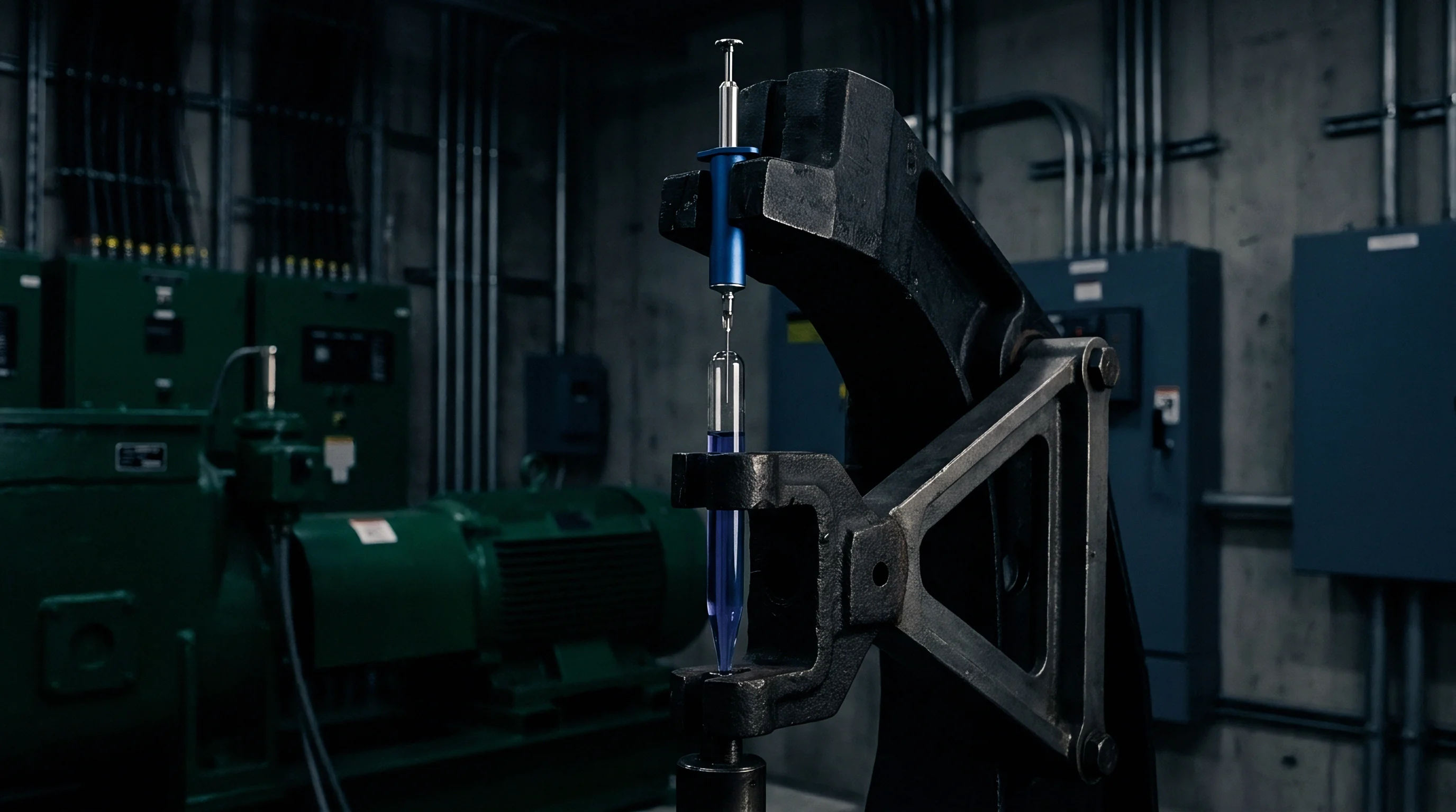 A digital rendering displays a blue syringe mounted in a heavy black industrial bracket dispensing a fluid sample into a glass vial.