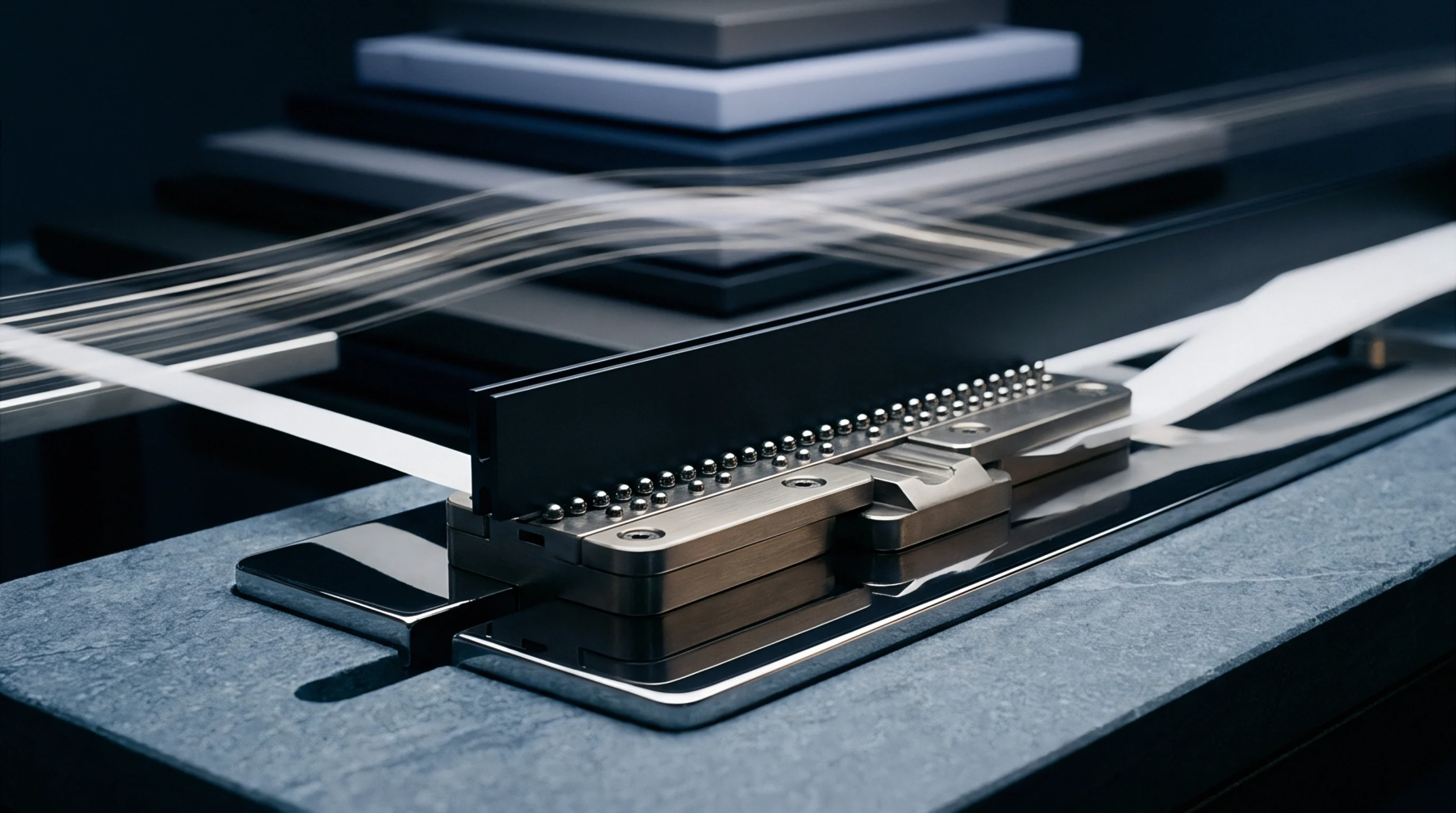 A precision linear guide rail with circulating ball bearings feeds a continuous polymer film through an automated production module.