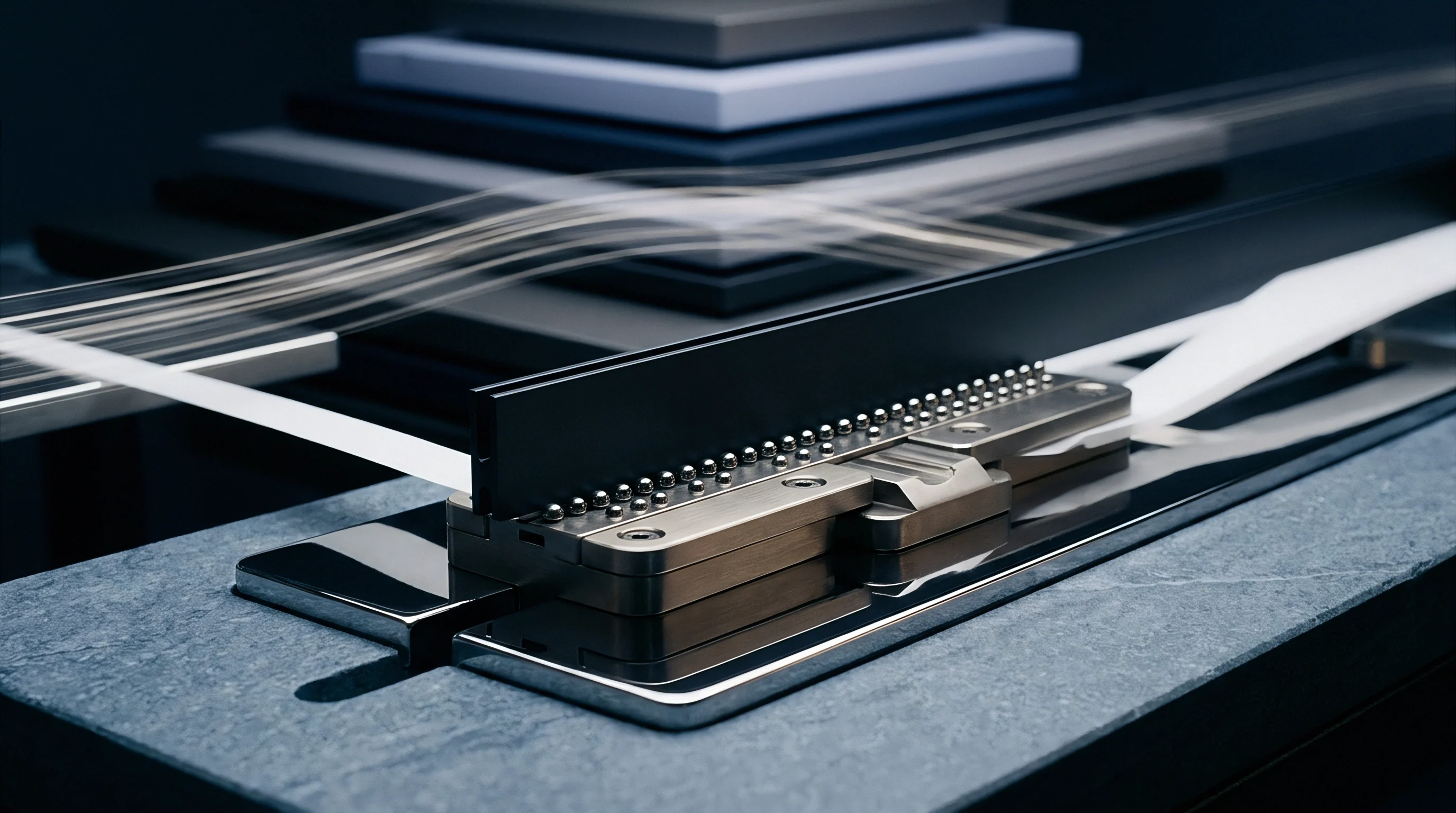 A precision linear guide rail with circulating ball bearings feeds a continuous polymer film through an automated production module.