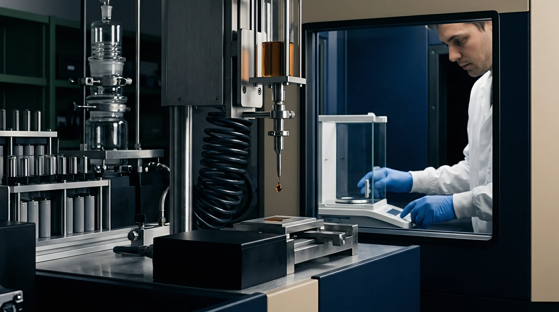 An automated fluid dispensing station operates alongside a glass balance enclosure where a technician handles material samples inside a technology development laboratory.