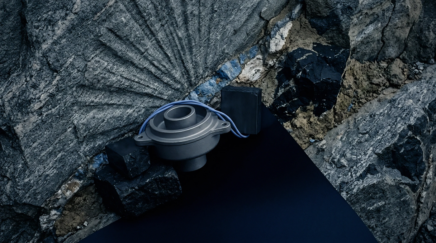 Raw graphite blocks and a machined metallic battery housing rest together upon a dark industrial platform before carved stone walls.