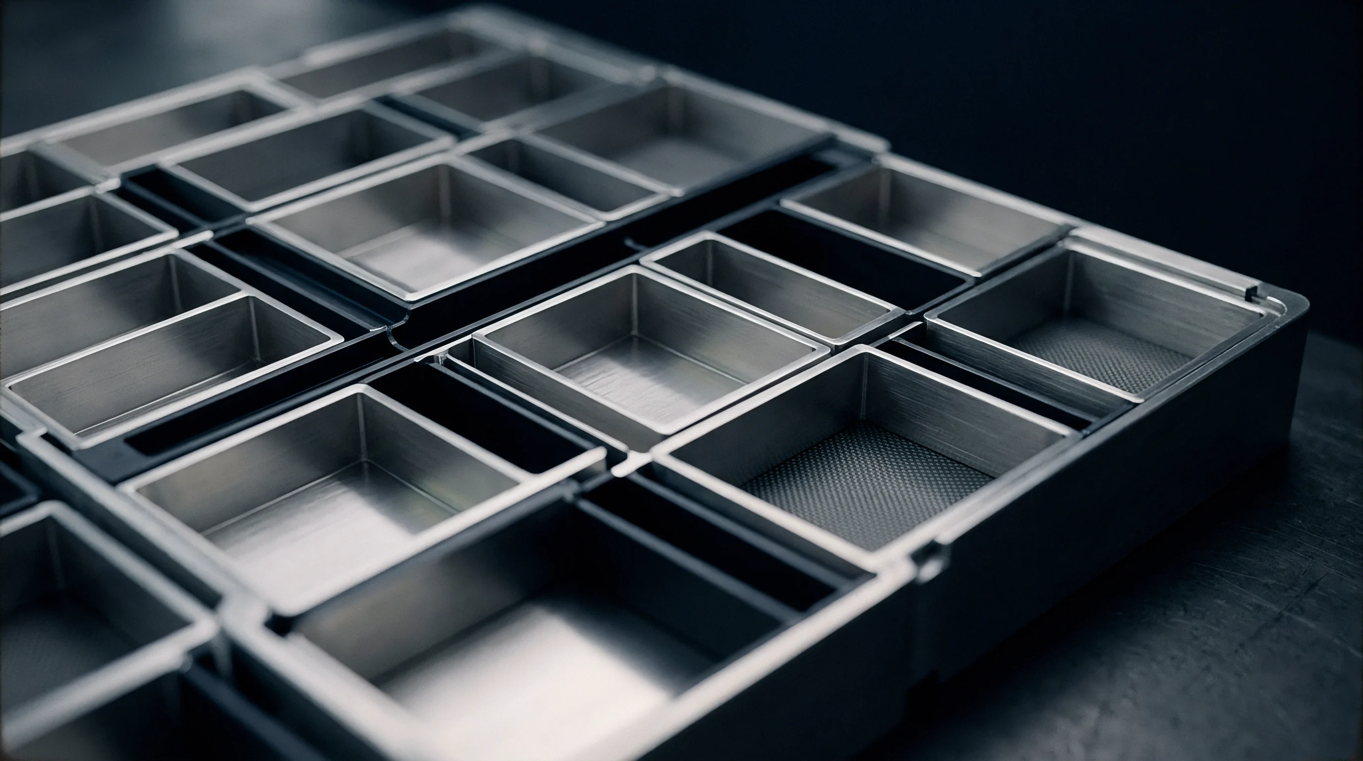 Precision machined aluminum modular pocket trays sit arranged neatly inside a dark industrial grid assembly system.