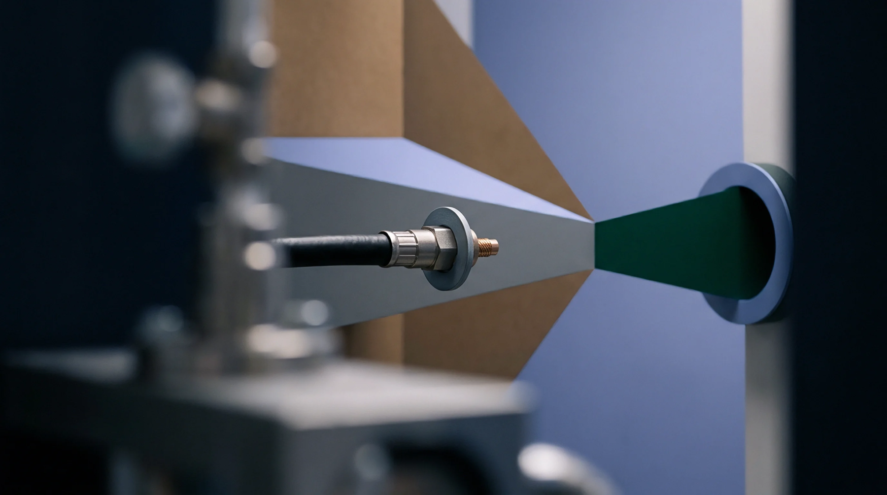 A digital render illustrates a specialized metal probe extending toward a green projection within an abstract industrial testing chamber for energy storage components.
