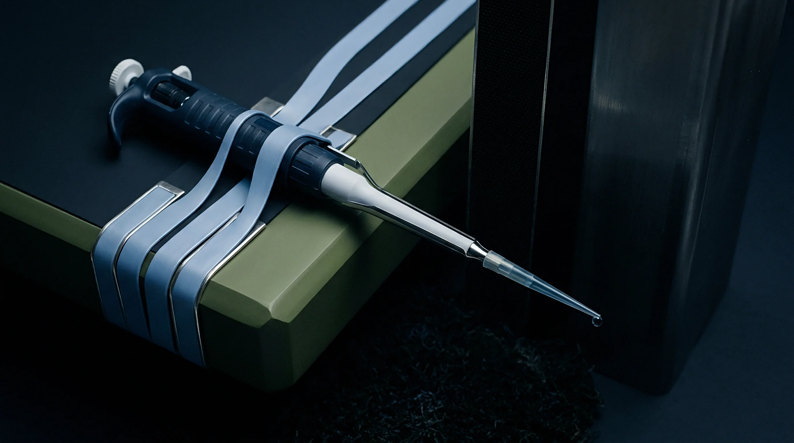 A laboratory micropipette rests atop folded metallic sample strips on a dark olive platform used for precision chemical analysis in electrolyte production.