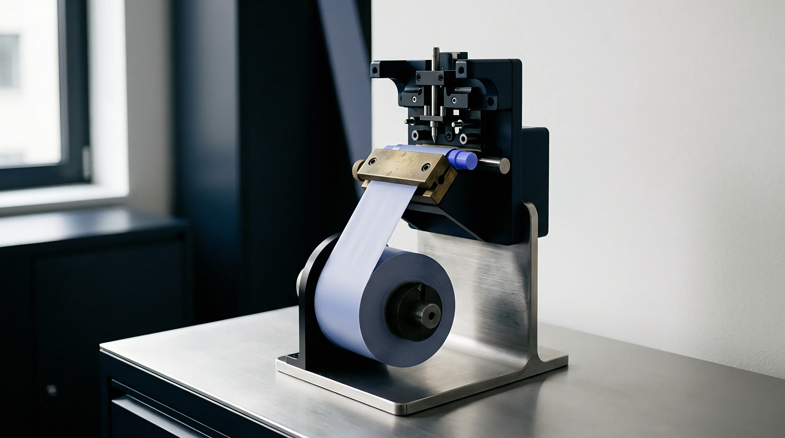 A blue polymer film roll feeds upward through a precision mechanical guide unit mounted on an industrial workbench.