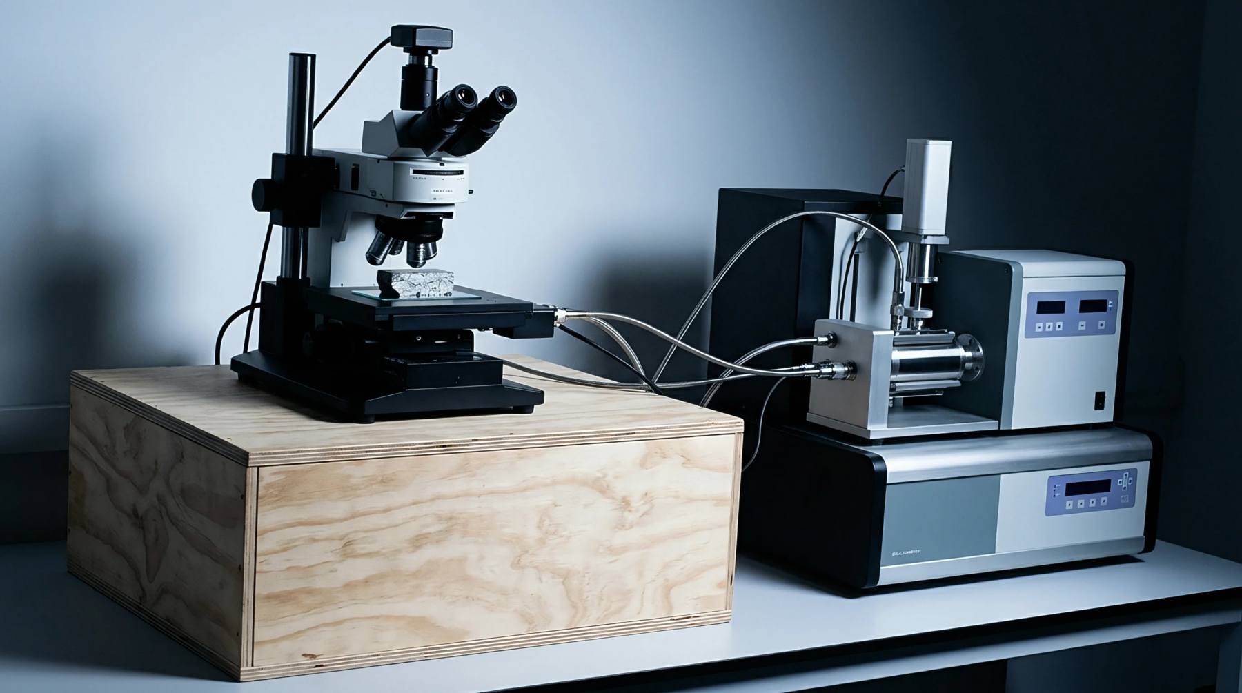 A digital microscope sits atop a wooden mount next to analytical measurement units linked by shielded interface cables in a clean laboratory workspace.
