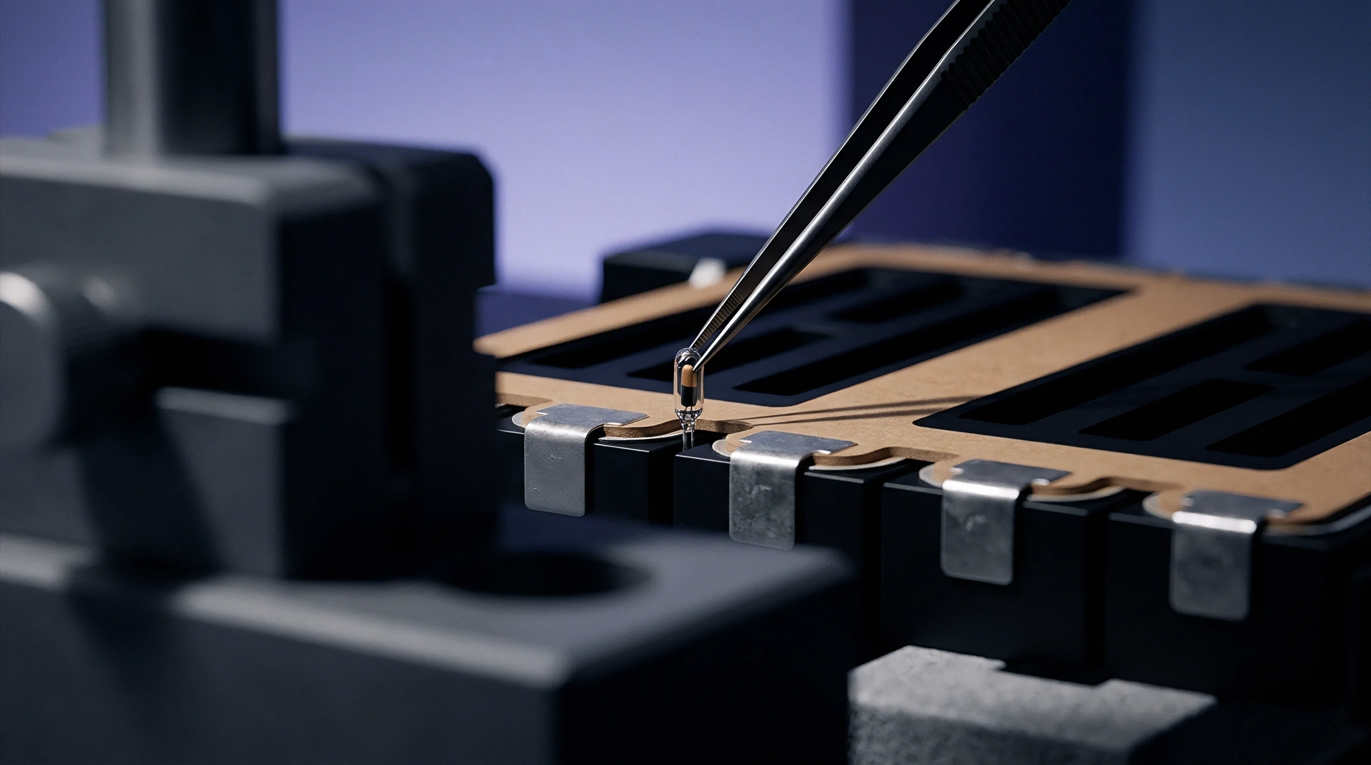 Precision tweezers position a miniature electronic component onto metallic busbars within a black battery module housing on an industrial workbench.