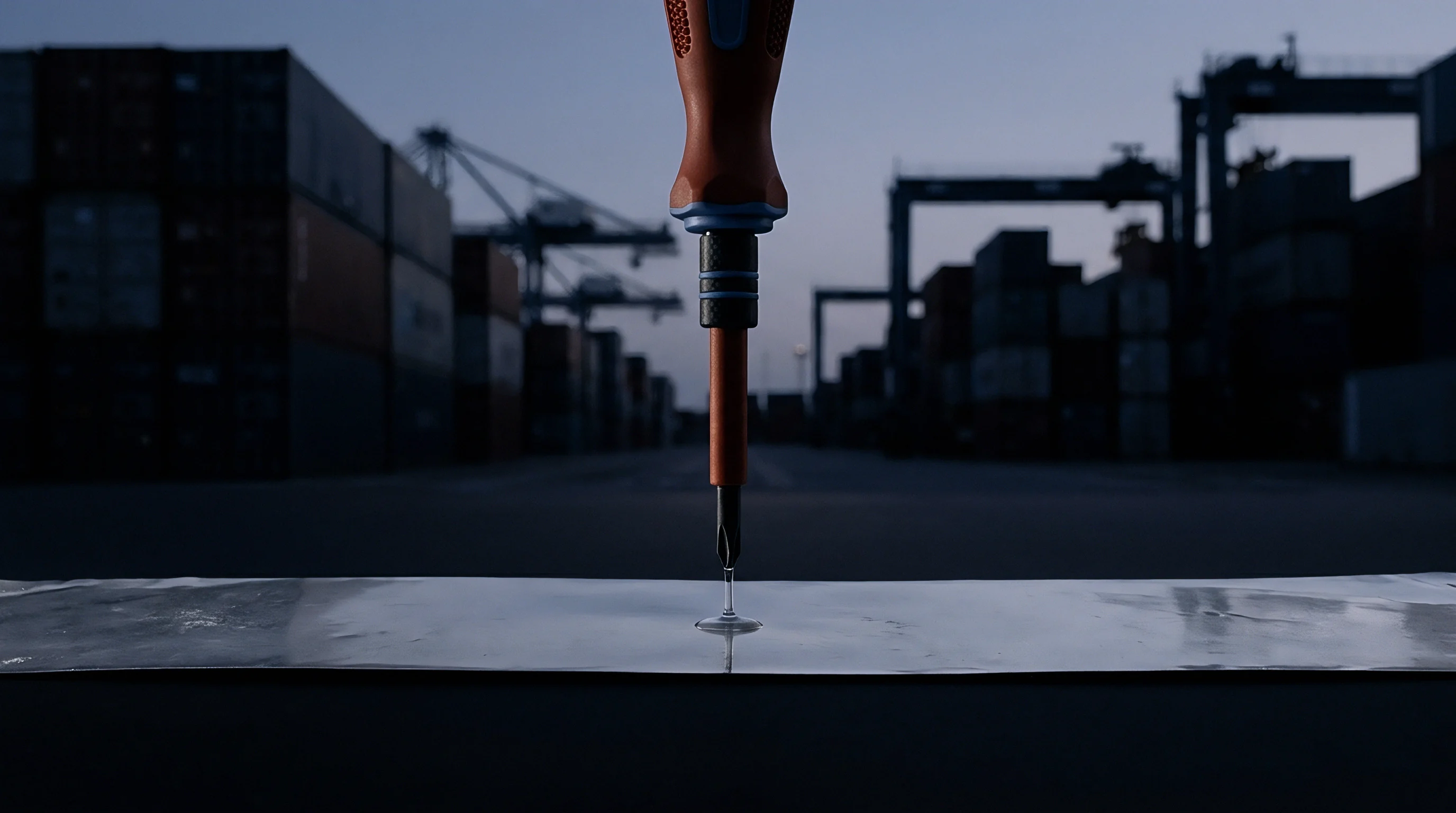 A precision insulated screwdriver tip touches a reflective metal pouch cell component inside a heavy industrial logistics terminal.