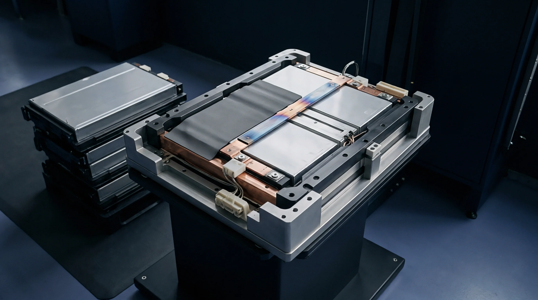 Prismatic battery cells mounted inside a metal manufacturing fixture feature copper busbars on a dark industrial facility floor.