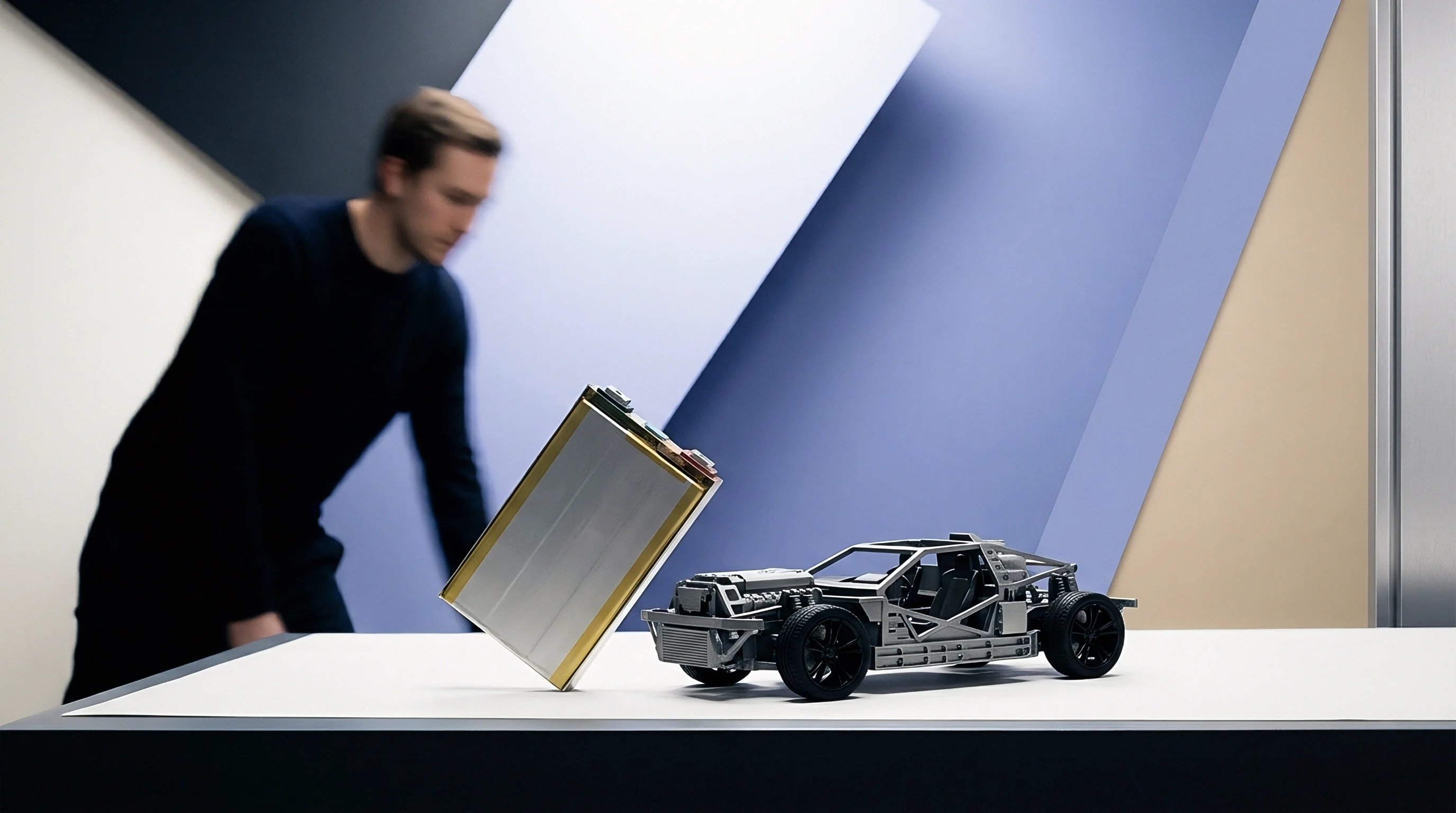 A metallic prismatic battery cell leans beside a miniature electric vehicle chassis upon a white display table inside a studio.