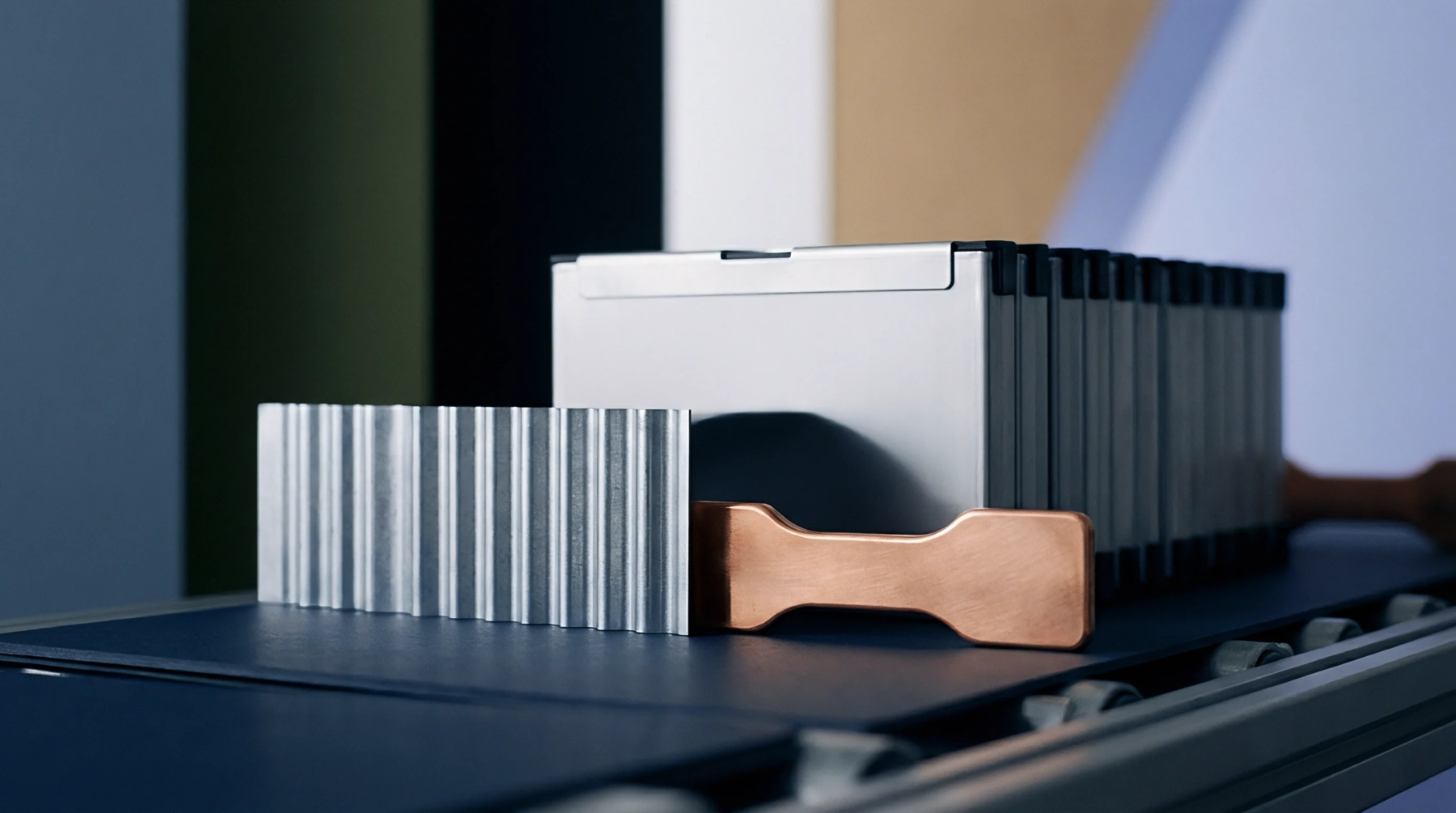 Prismatic battery cells and copper tensile specimens rest on a production conveyor alongside corrugated aluminum thermal components during assembly evaluation.