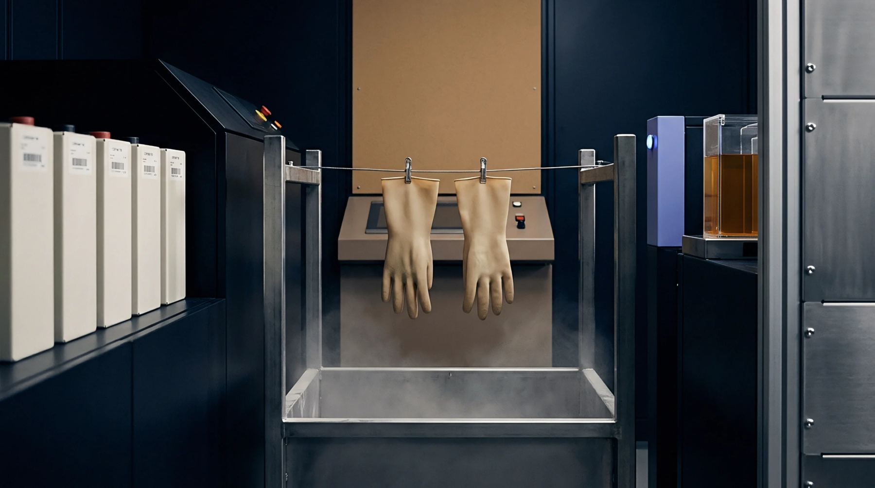 Protective latex gloves hang above a steaming stainless steel tank flanked by battery cells and fluid testing equipment in a cleanroom.