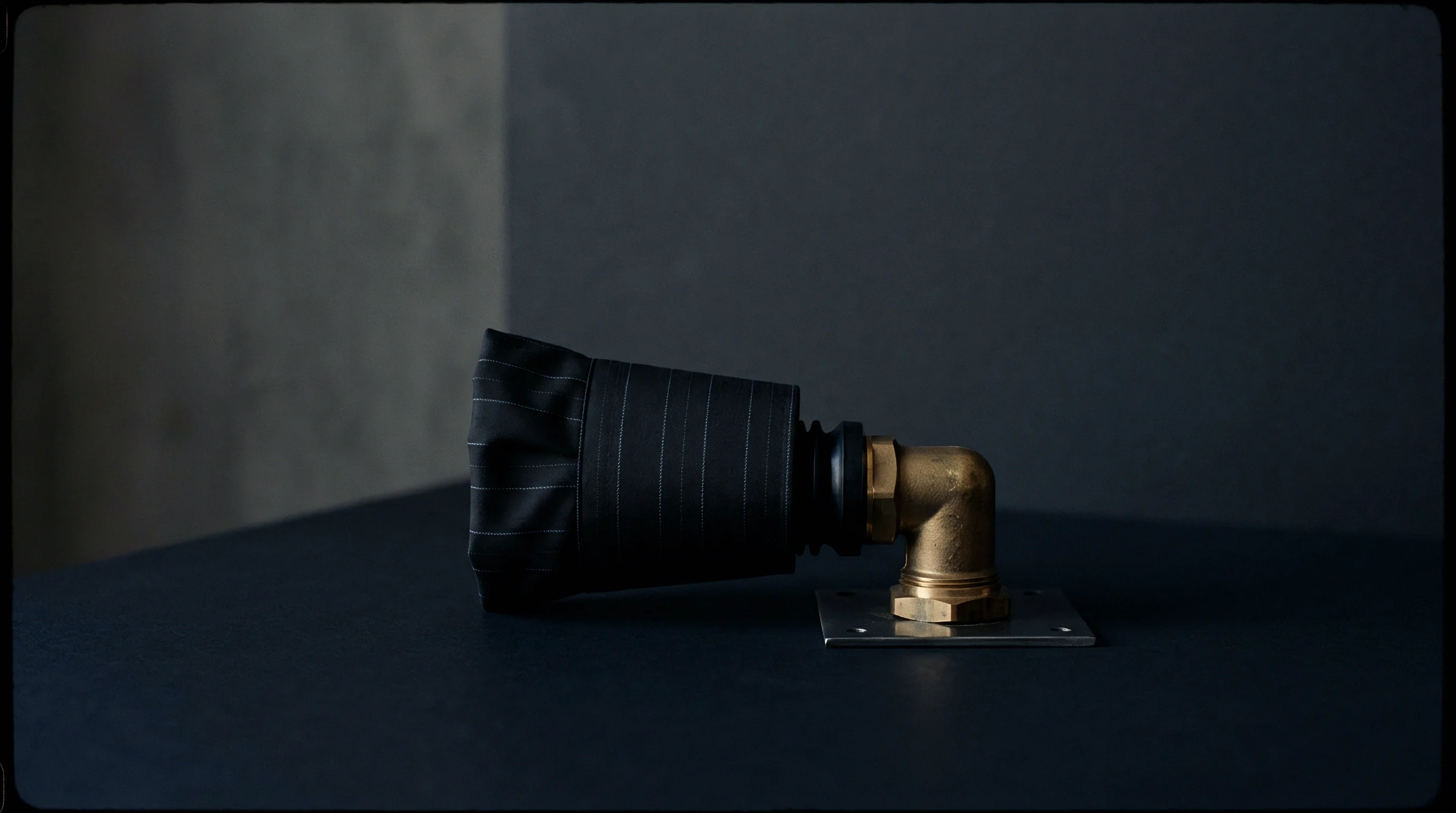 A fabric thermal insulation sleeve connects to a brass threaded pipe fitting mounted on a dark horizontal surface.