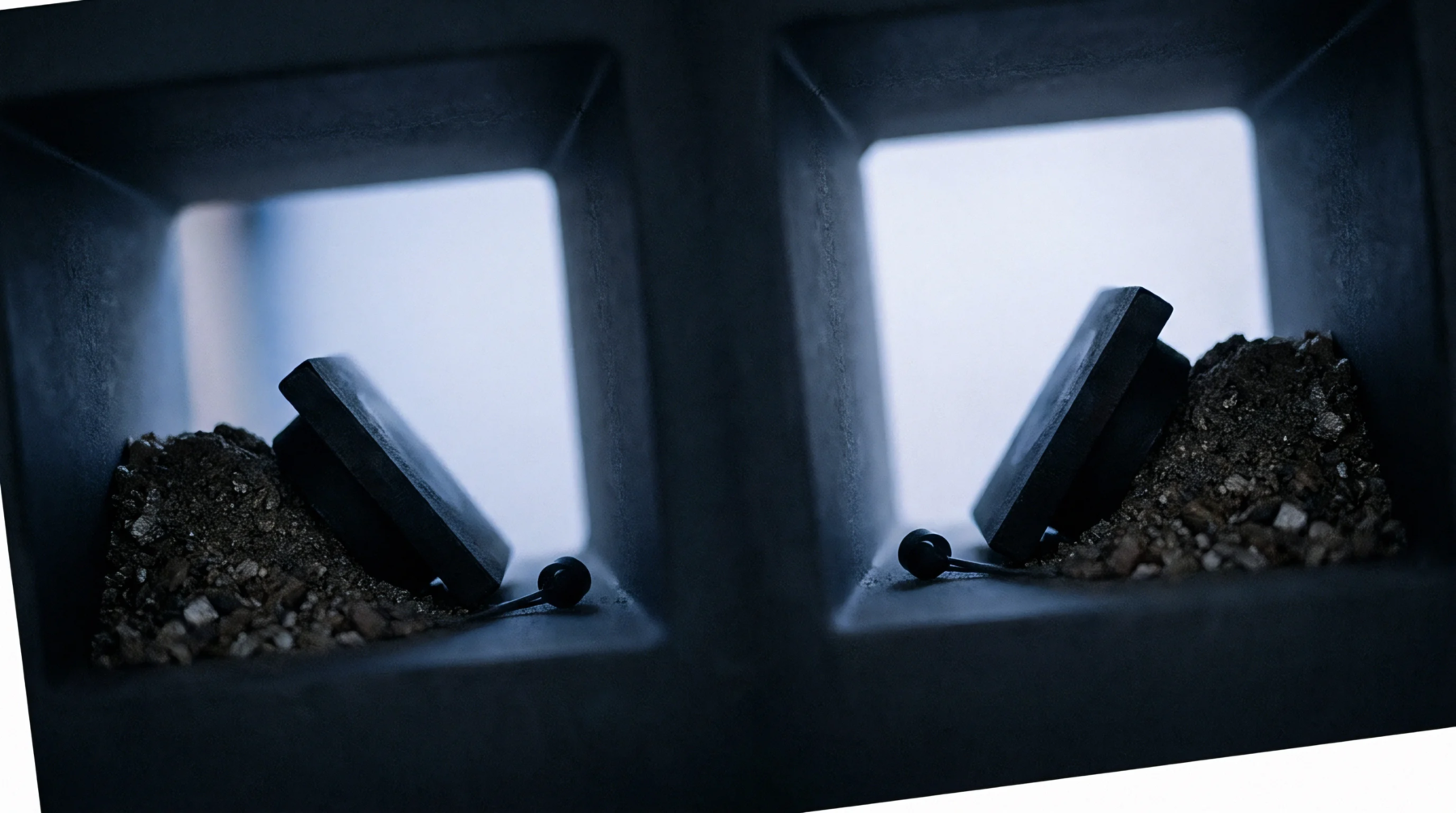 Two grey concrete cells contain heaps of dark metallic mineral granules alongside rectangular electrode components with attached wires.