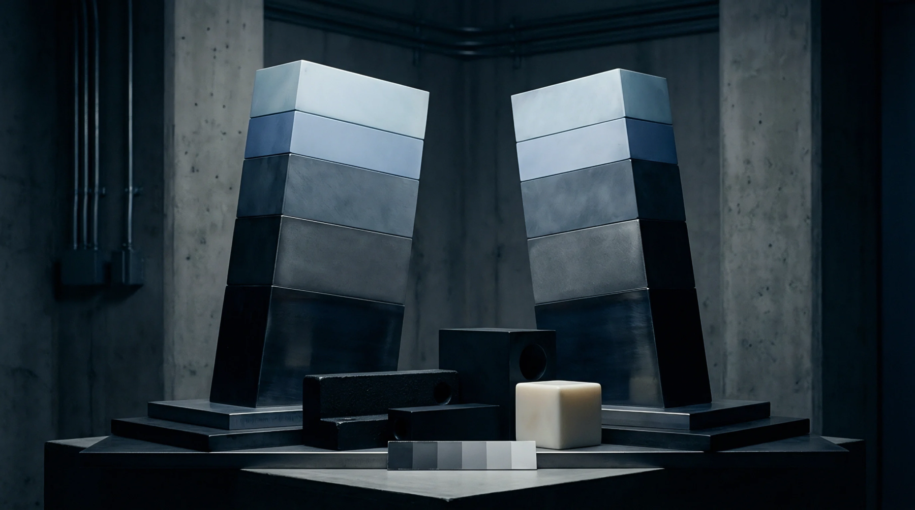 Stacked rectangular alloy slabs and several small geometric components occupy a concrete industrial enclosure within this computer generated render.