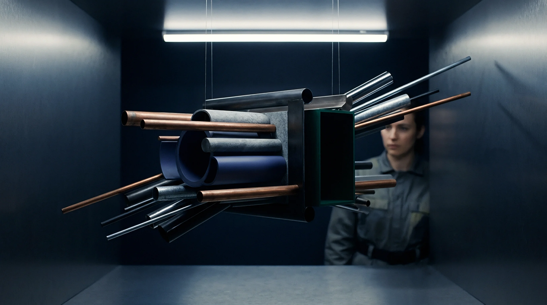A suspended arrangement of copper and metallic pipes floats within a darkened industrial enclosure where an obscured technician monitors the material assembly.