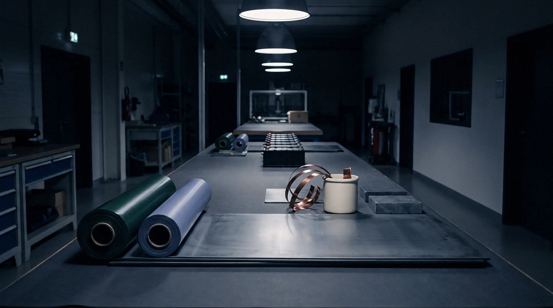 Polymer rolls, metal strips, and stacked battery cells rest on a stainless steel assembly table inside a dimly lit industrial manufacturing facility.