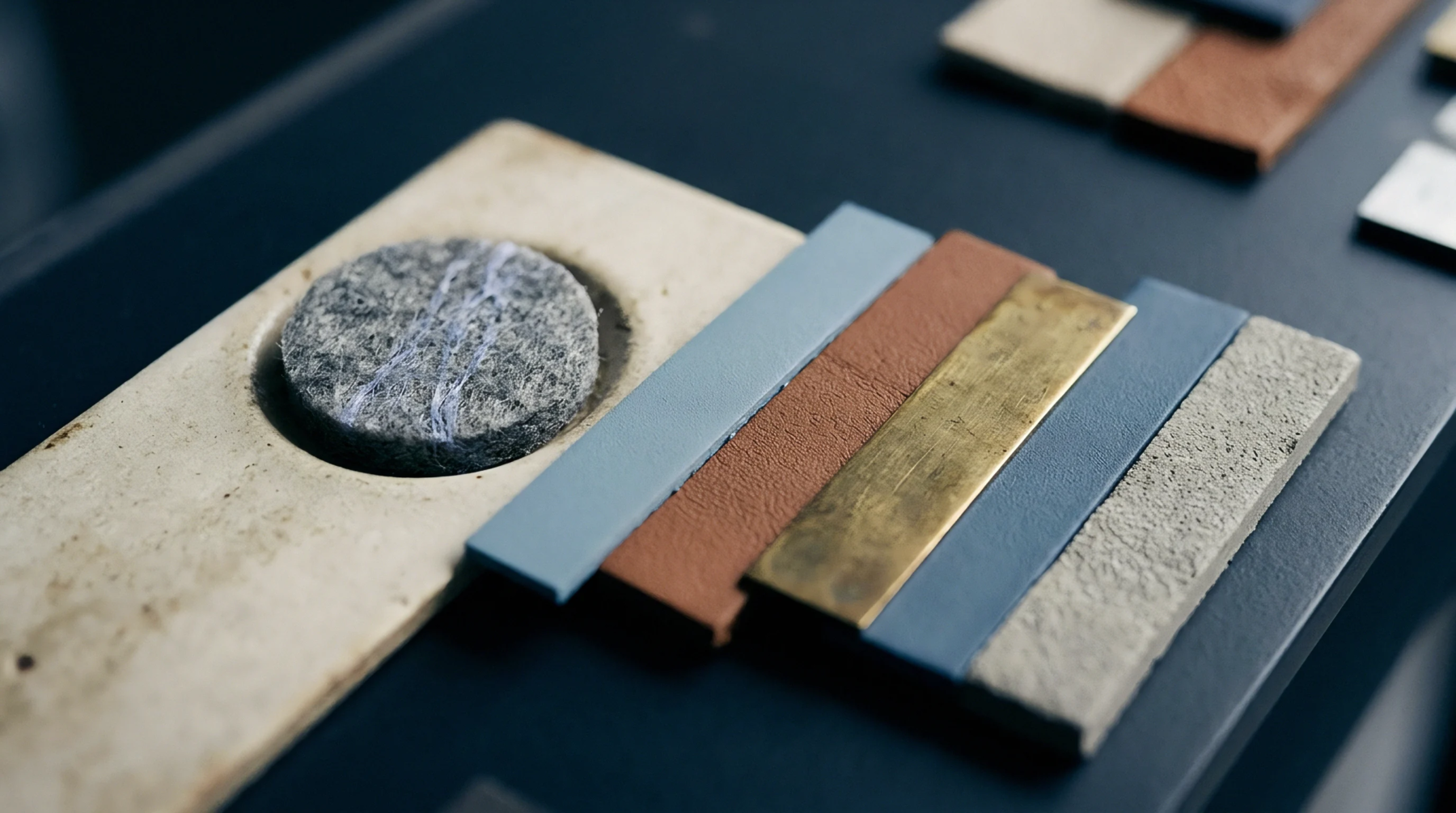 Raw material swatches and tactile samples rest on a production assessment table for energy storage system manufacturing.
