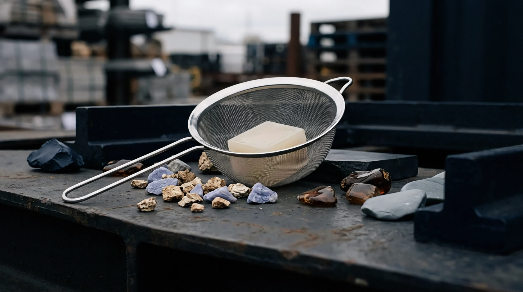 A stainless steel mesh sieve containing a processed chemical block sits beside mineral fragments on an industrial workbench.