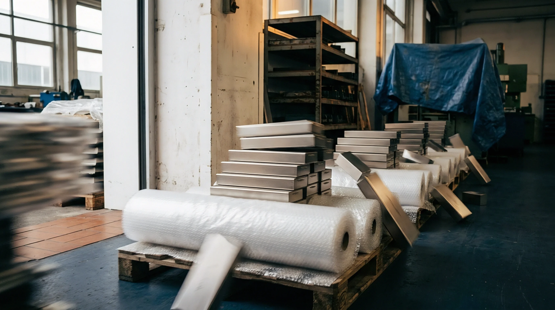 Metal battery components and rolled protective packaging sit on wooden pallets inside an active manufacturing facility warehouse floor.