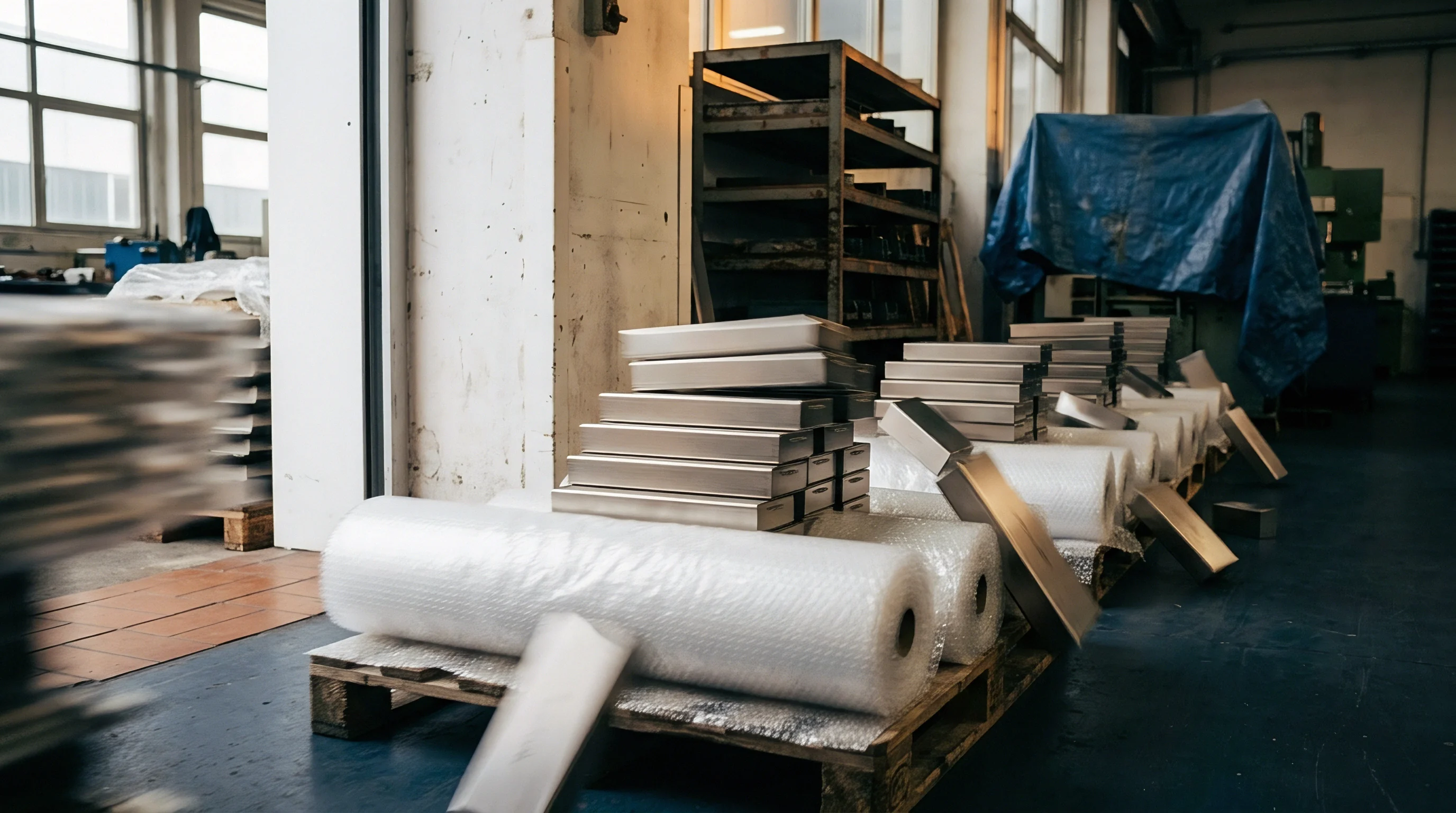 Metal battery components and rolled protective packaging sit on wooden pallets inside an active manufacturing facility warehouse floor.