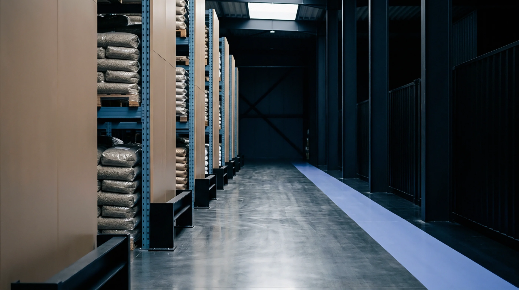 Stacks of battery precursor material bags rest on industrial metal shelving units inside a dimly lit manufacturing warehouse facility.