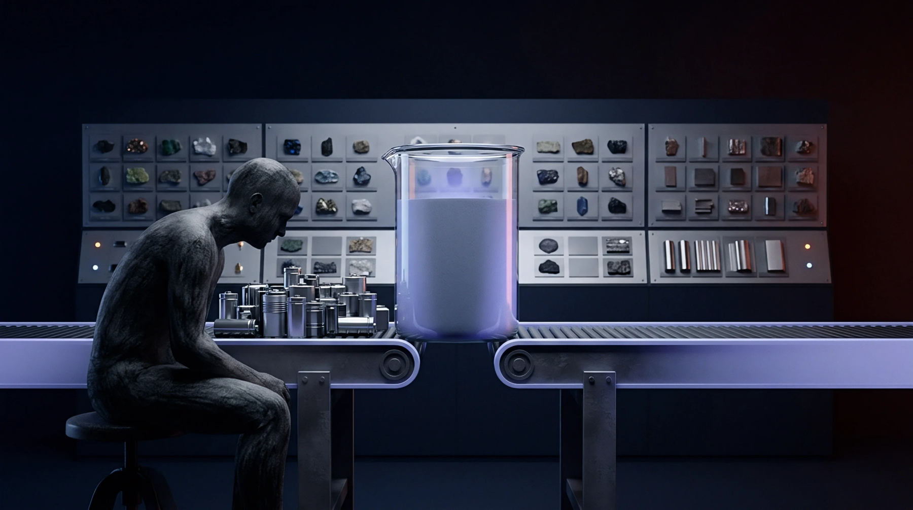 A humanoid figure sits beside a conveyor belt transporting cylindrical cells past a beaker of glowing chemical mixture in an industrial laboratory.